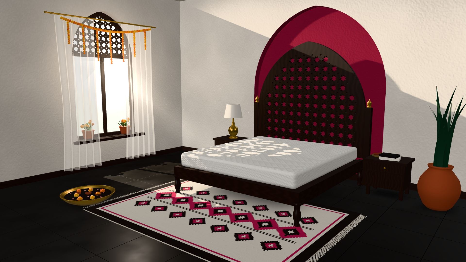 An Indian bedroom: a crimson arch, a carved jaali headboard and a made bed in white cotton