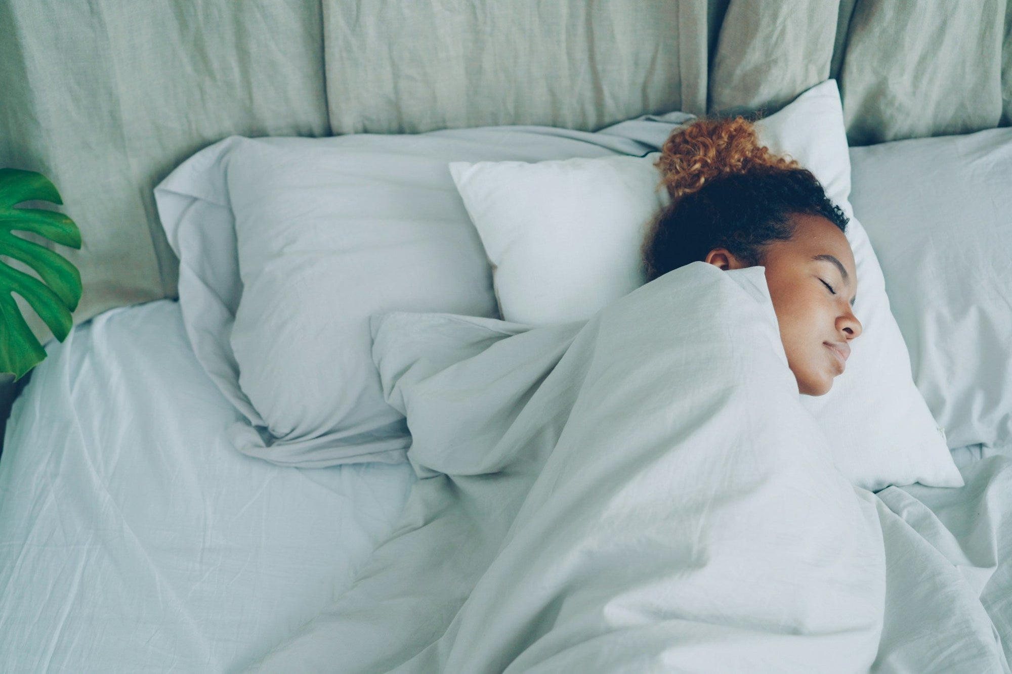 Woman sleeping peacefully in white cotton sheets