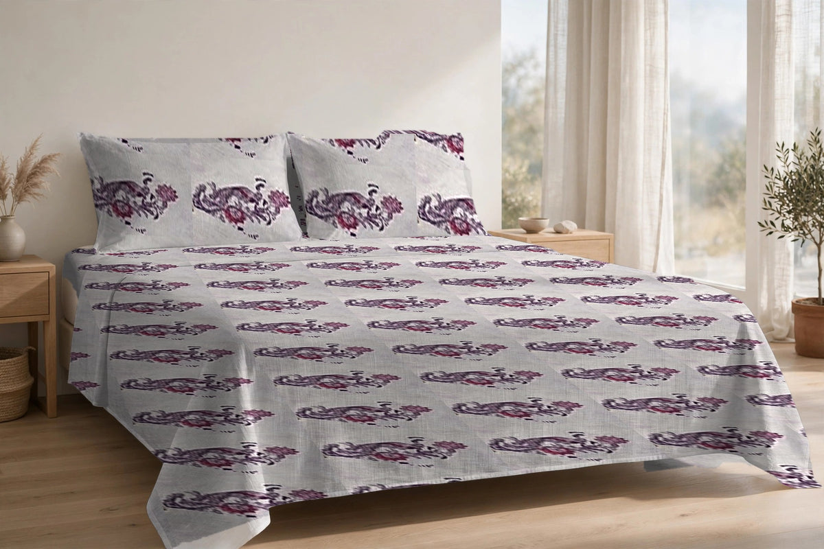 Mor Bagh Jamun cotton bedsheet on a made king bed, with matching pillow covers