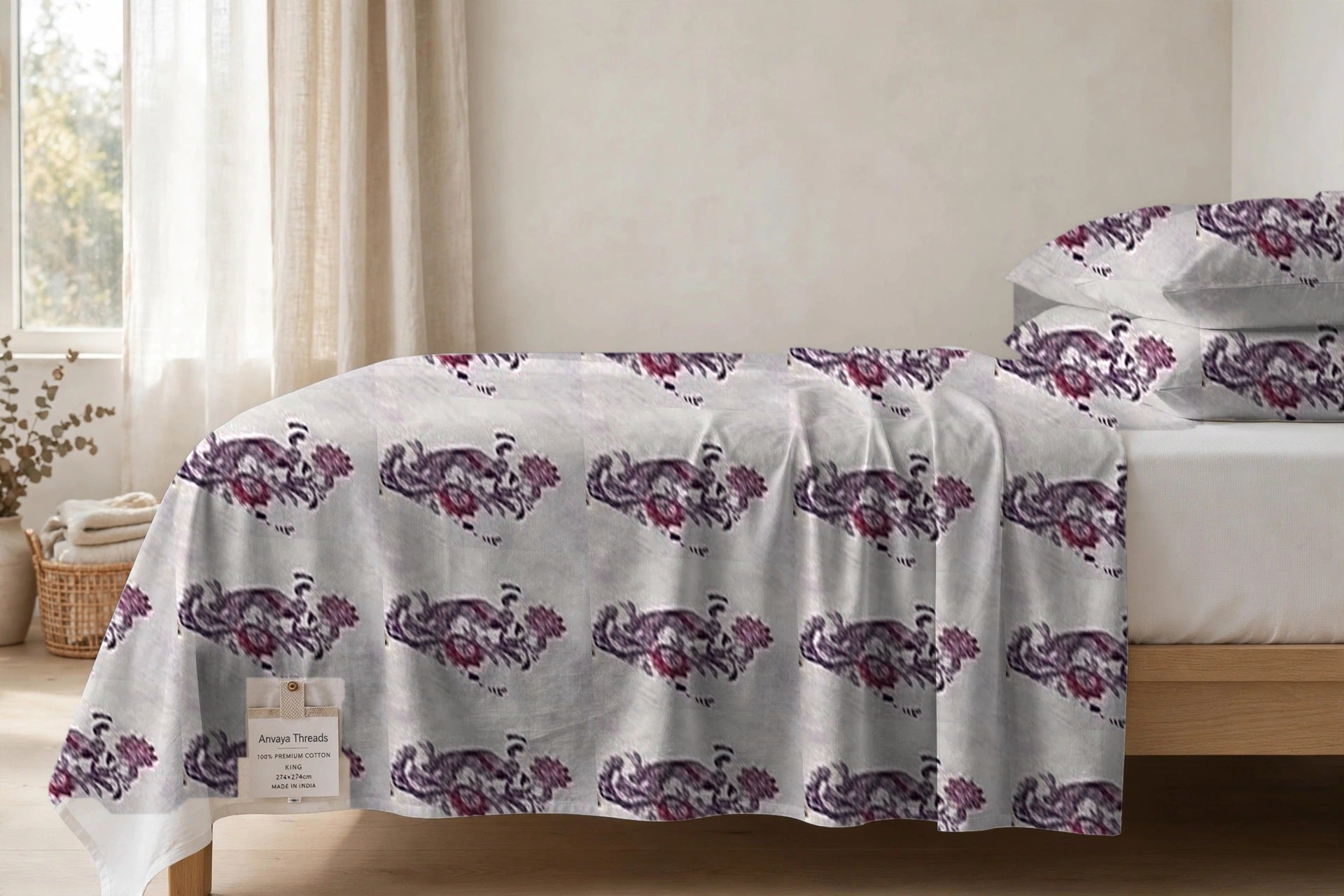 Mor Bagh Jamun bedsheet seen from the side, falling over the edge of the bed