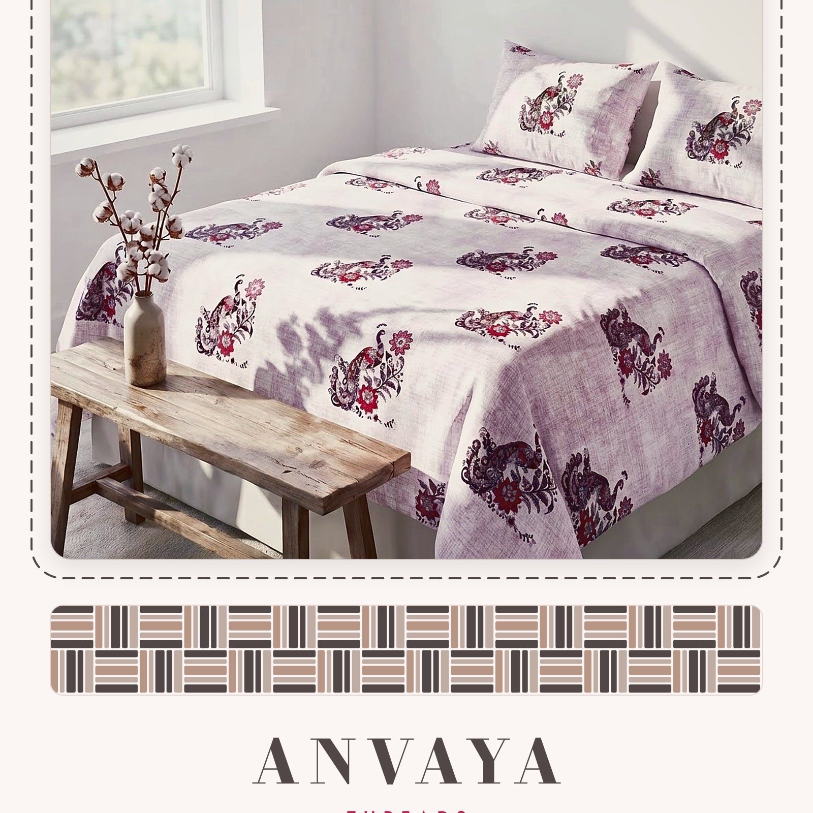 Mor Bagh Jamun bedsheet set, a flat sheet and two pillow covers, on a bed