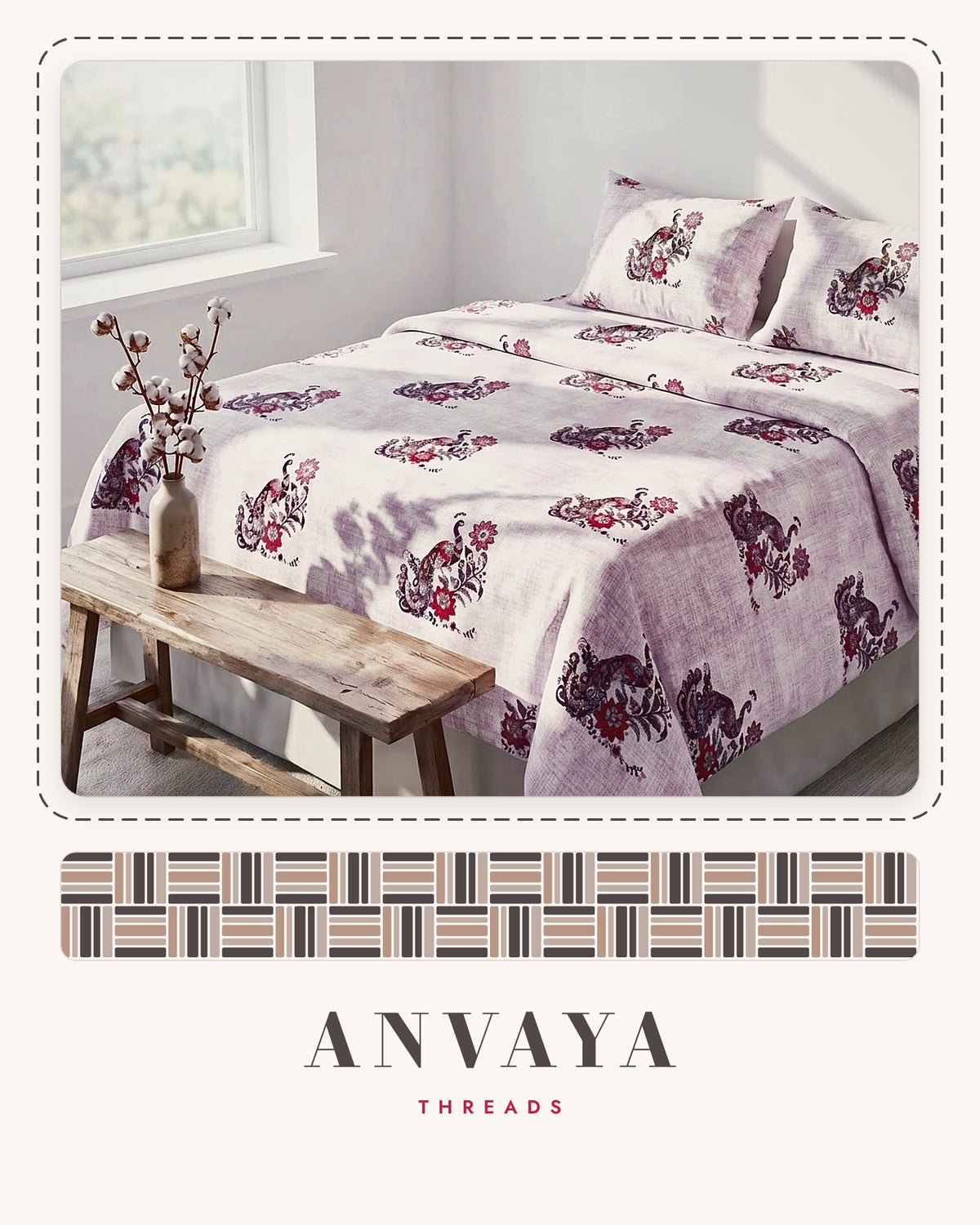 Mor Bagh Jamun bedsheet set, a flat sheet and two pillow covers, on a bed