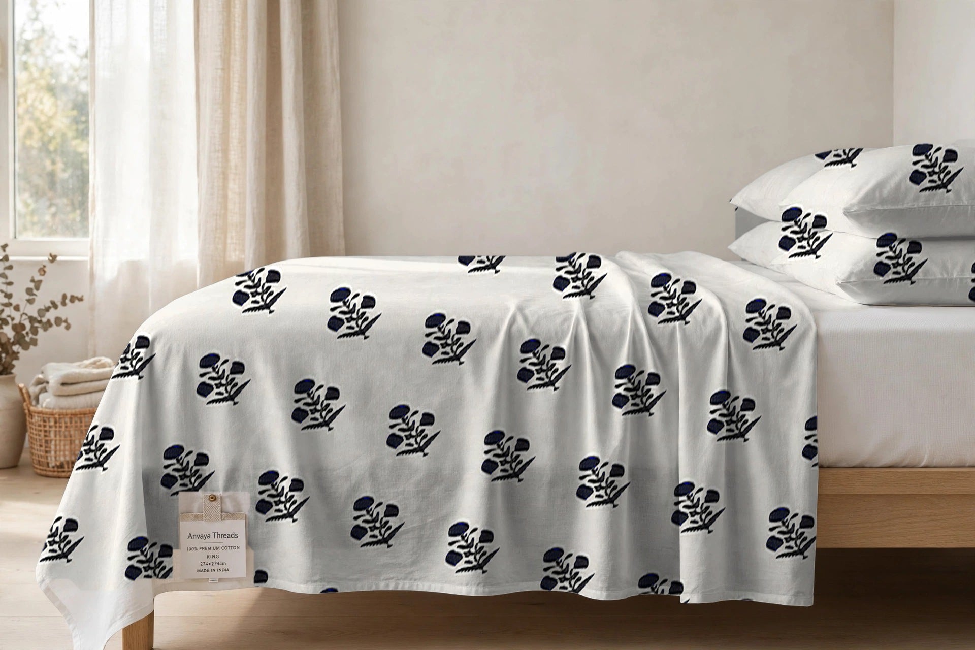 Phool Booti Kaala bedsheet seen from the side, falling over the edge of the bed