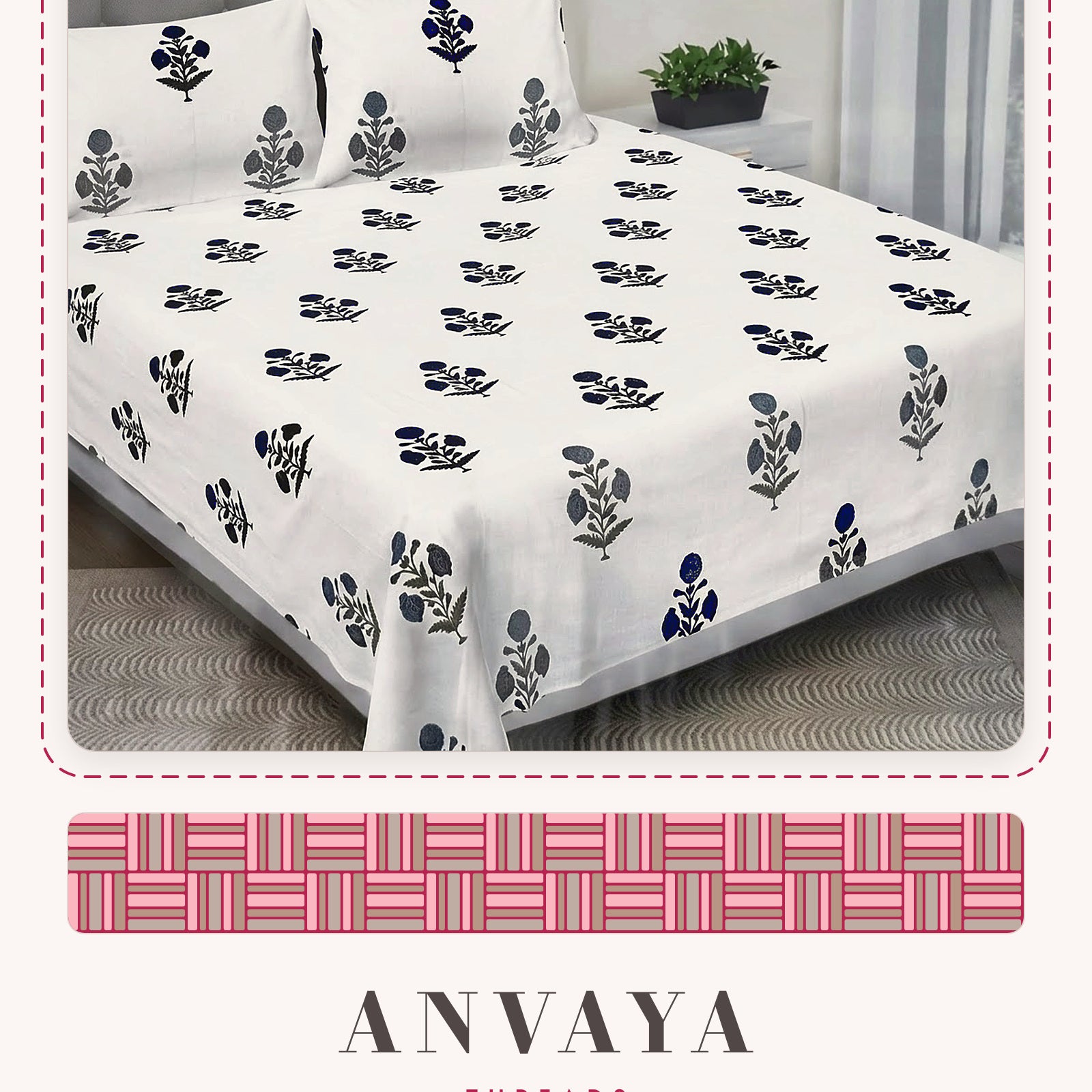 Phool Booti Kaala bedsheet set, a flat sheet and two pillow covers, on a bed
