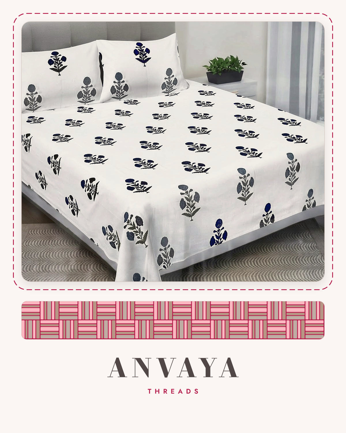 Phool Booti Kaala bedsheet set, a flat sheet and two pillow covers, on a bed