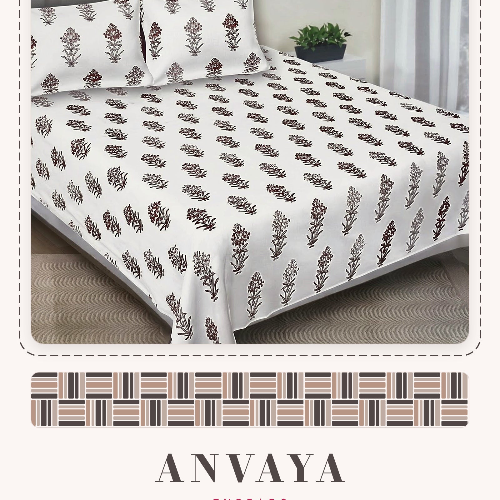 Jhaad Booti Kaapi bedsheet set, a flat sheet and two pillow covers, on a bed