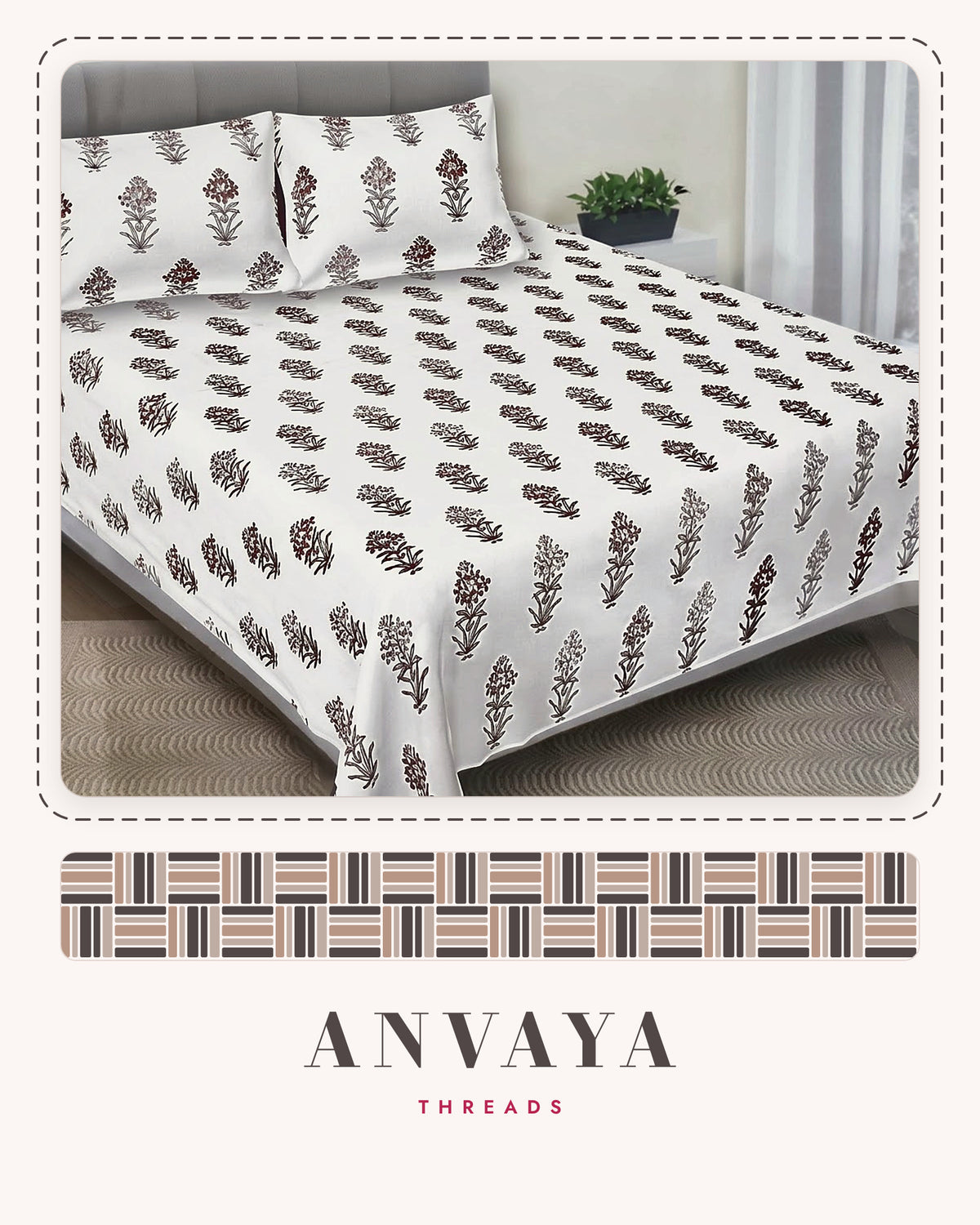 Jhaad Booti Kaapi bedsheet set, a flat sheet and two pillow covers, on a bed