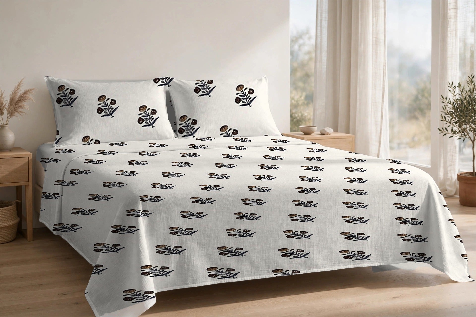 Kali Booti Sona cotton bedsheet on a made king bed, with matching pillow covers