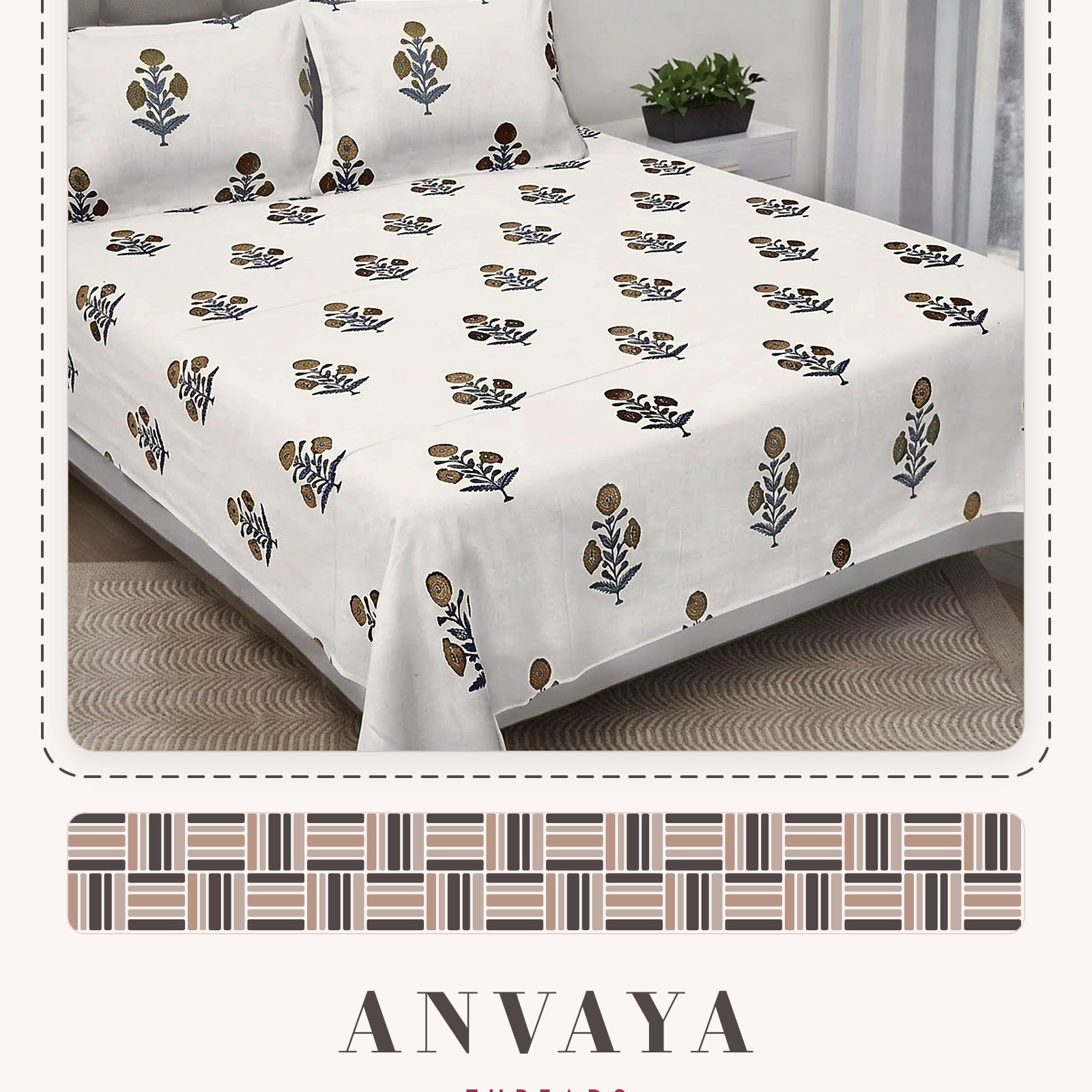 Kali Booti Sona bedsheet set, a flat sheet and two pillow covers, on a bed