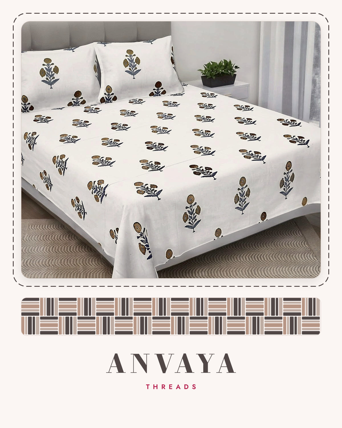 Kali Booti Sona bedsheet set, a flat sheet and two pillow covers, on a bed
