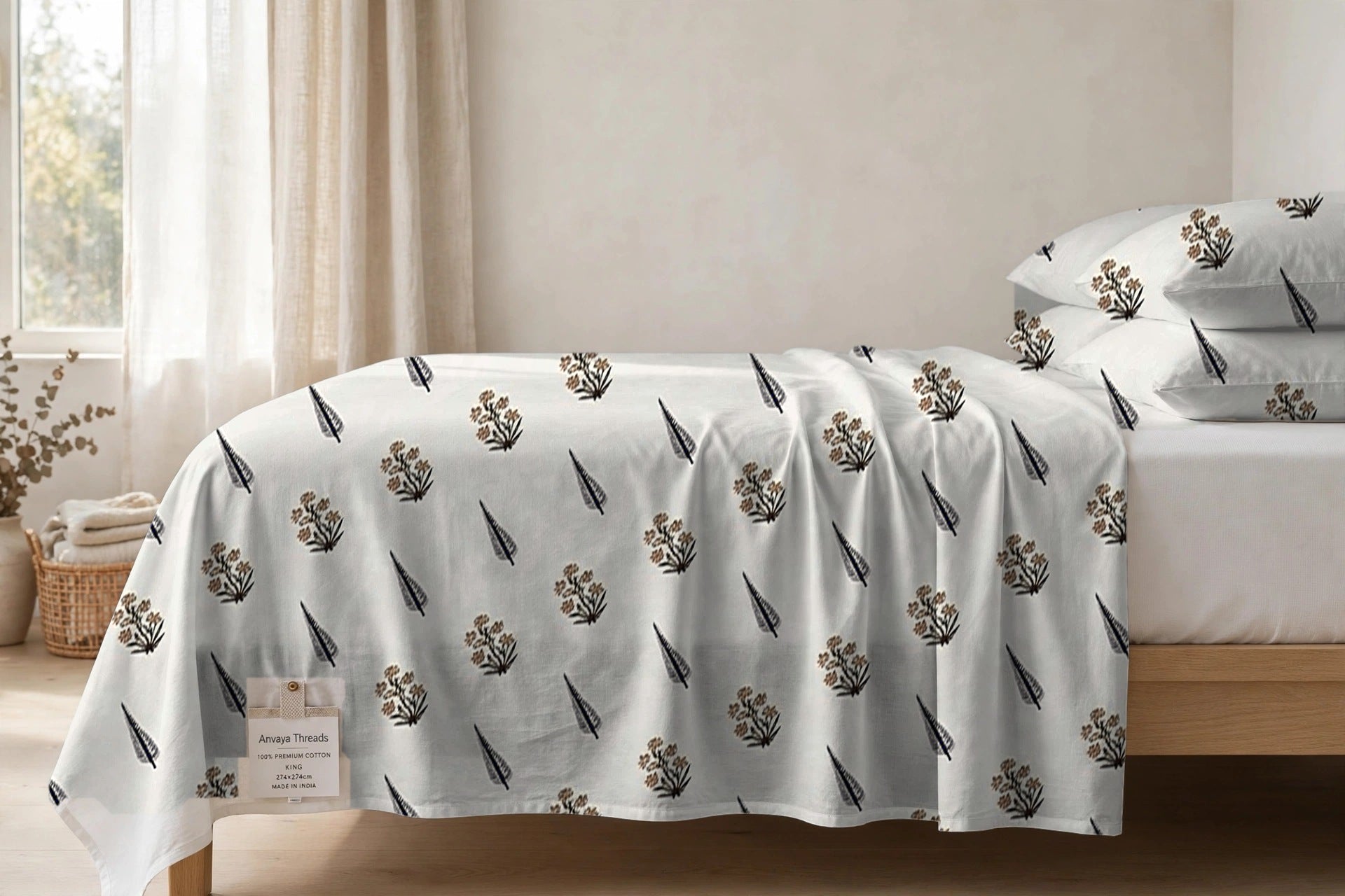 Sarv Booti Kaala bedsheet seen from the side, falling over the edge of the bed