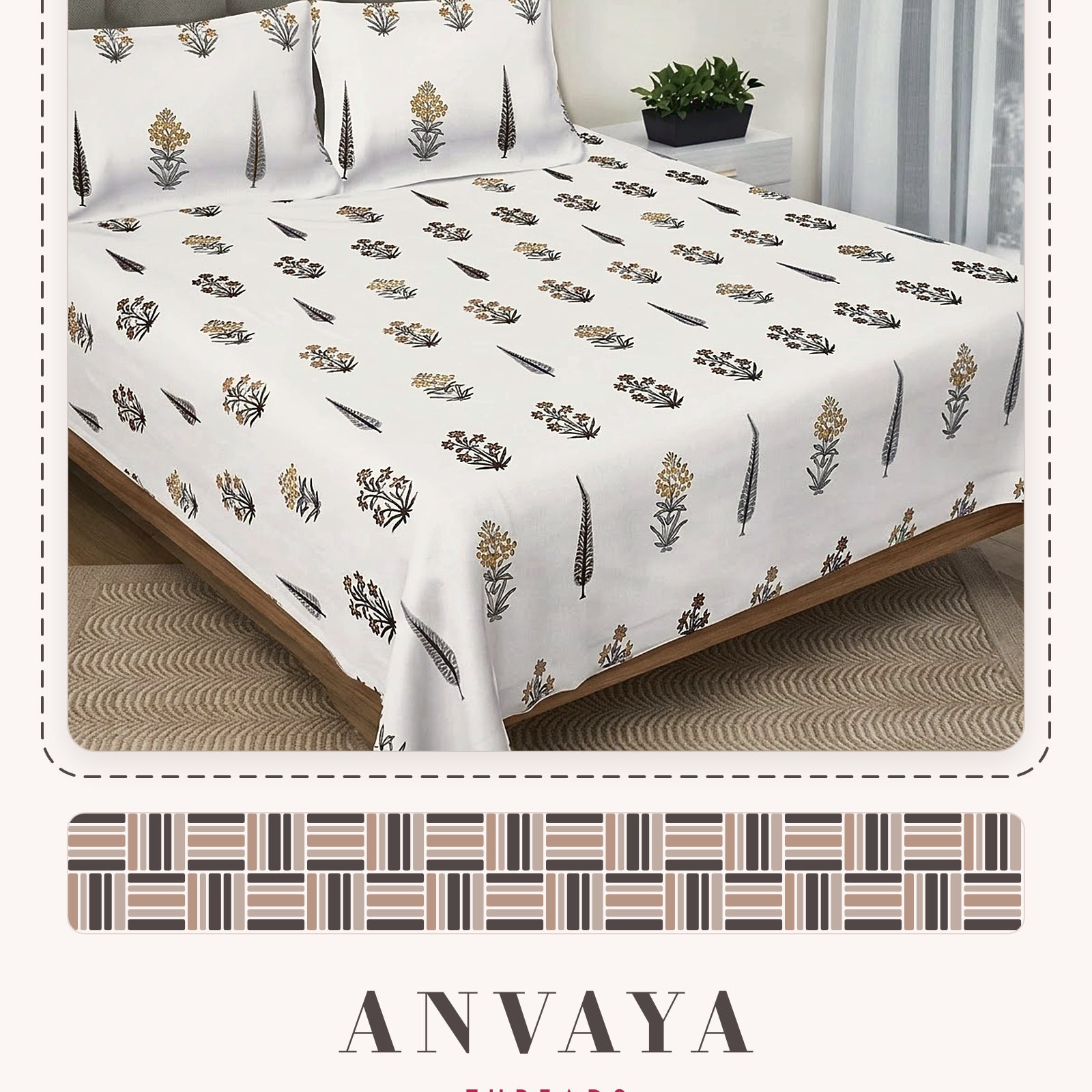 Sarv Booti Kaala bedsheet set, a flat sheet and two pillow covers, on a bed
