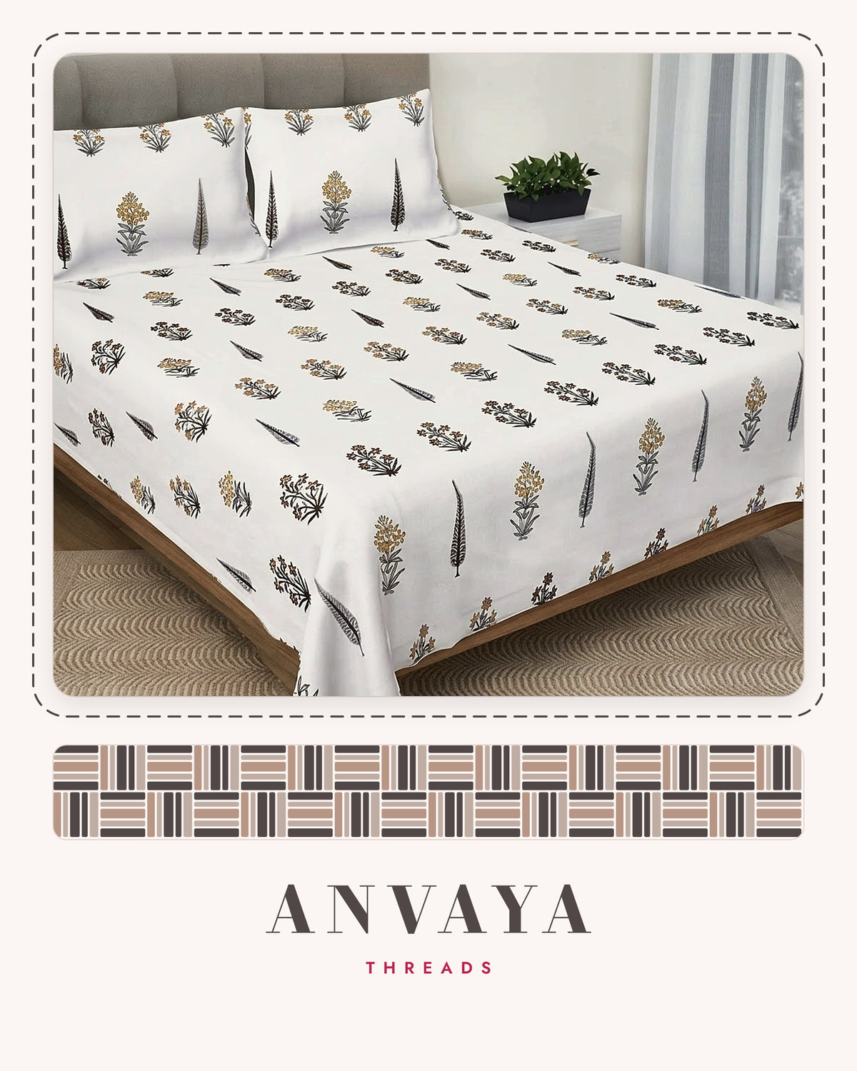 Sarv Booti Kaala bedsheet set, a flat sheet and two pillow covers, on a bed