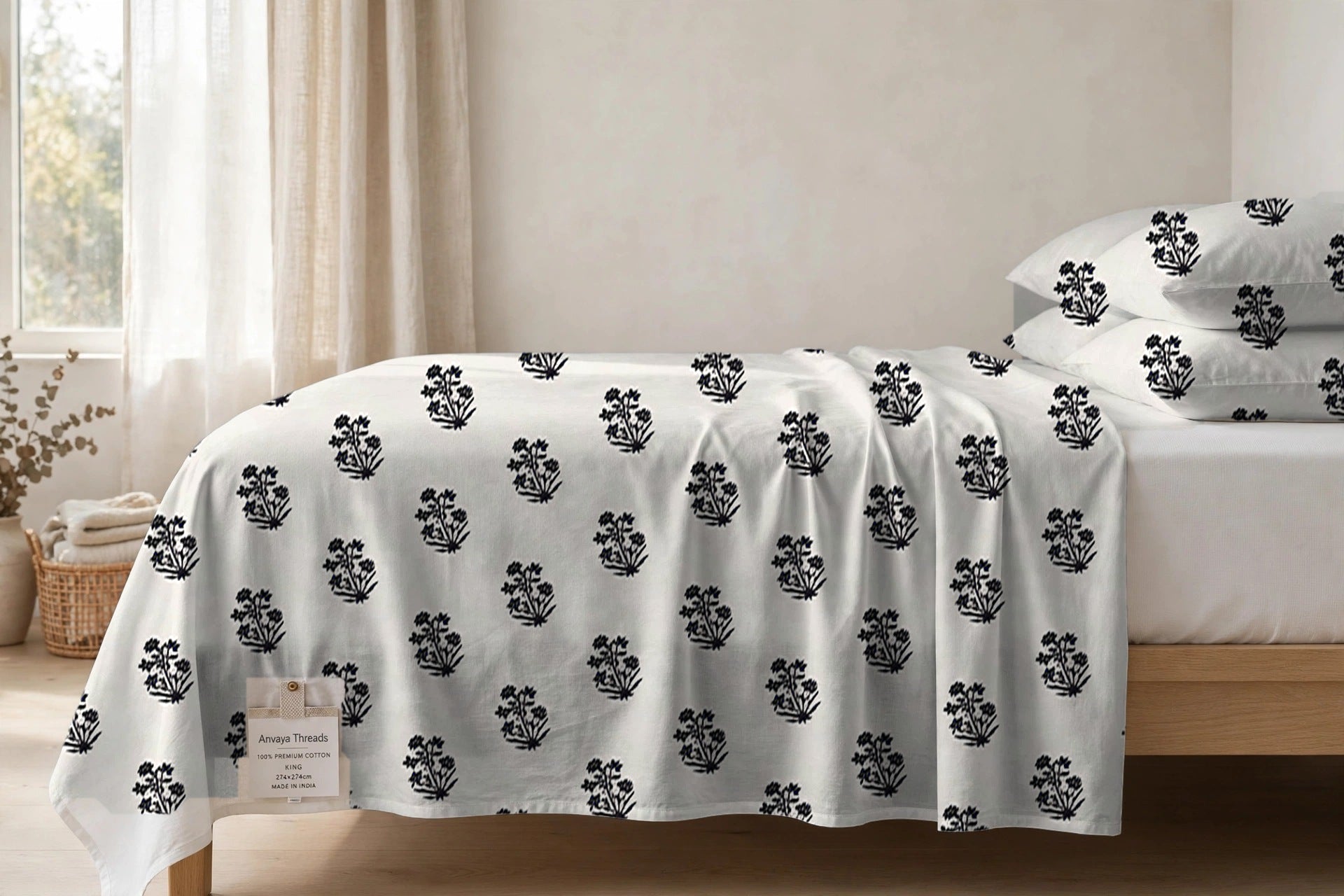 Sarv Booti Neel bedsheet seen from the side, falling over the edge of the bed