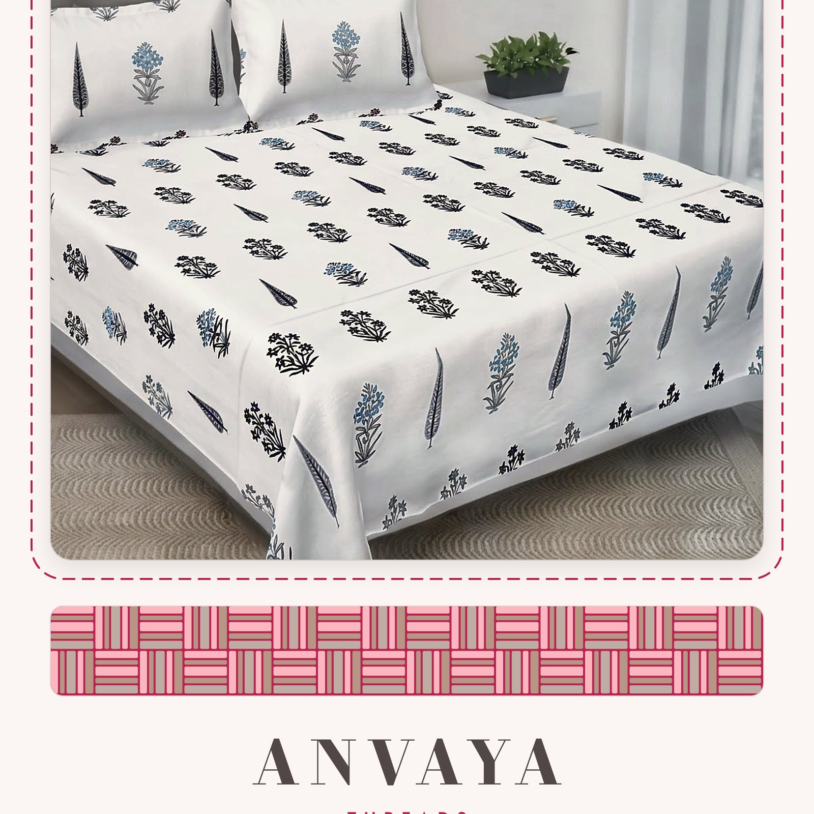 Sarv Booti Neel bedsheet set, a flat sheet and two pillow covers, on a bed