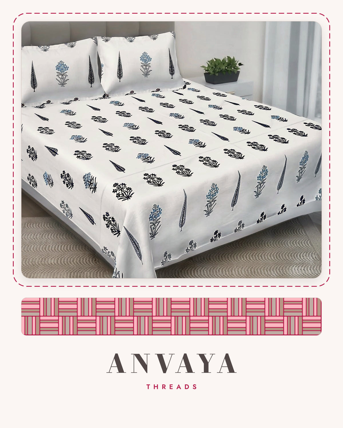 Sarv Booti Neel bedsheet set, a flat sheet and two pillow covers, on a bed