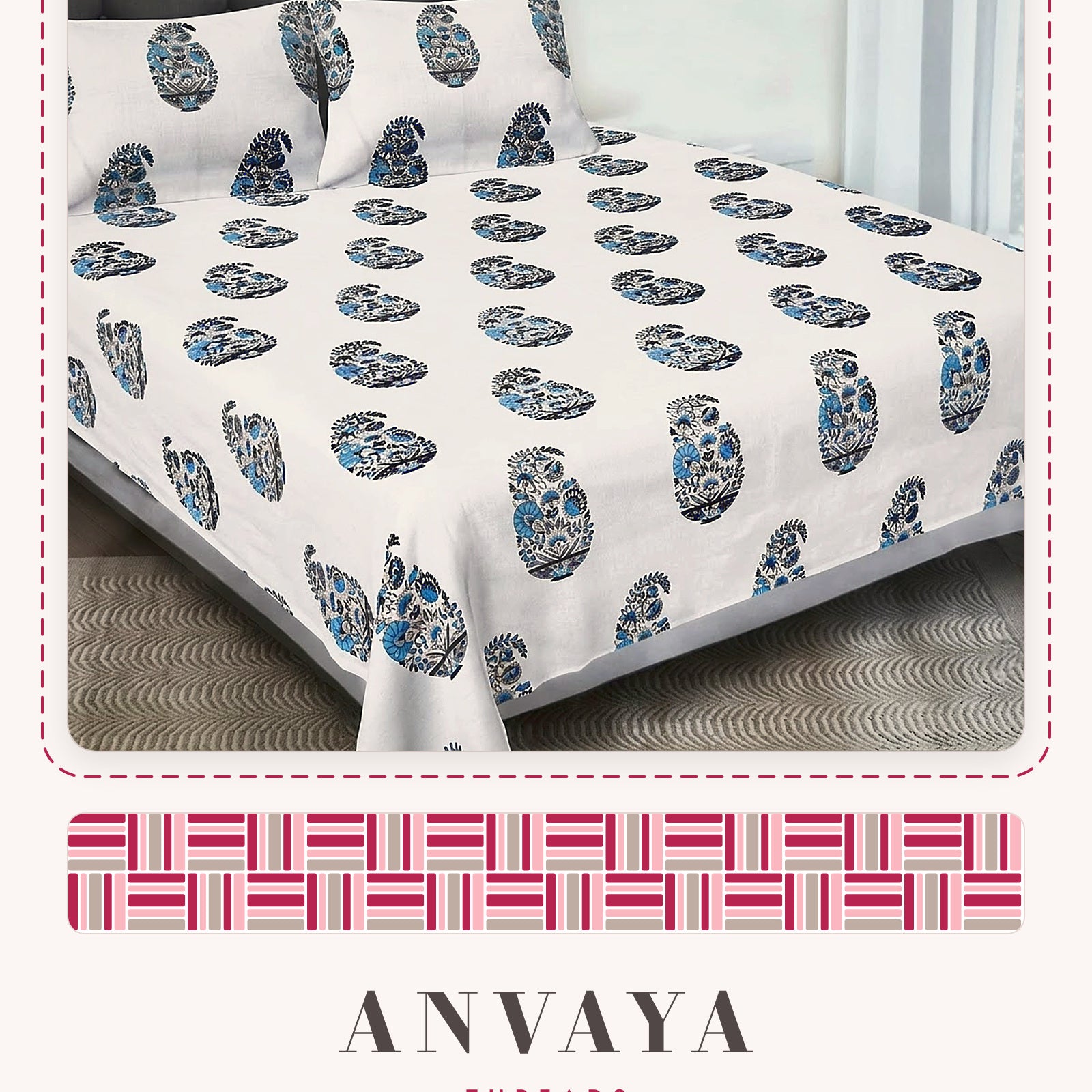 Keri Neel bedsheet set, a flat sheet and two pillow covers, on a bed
