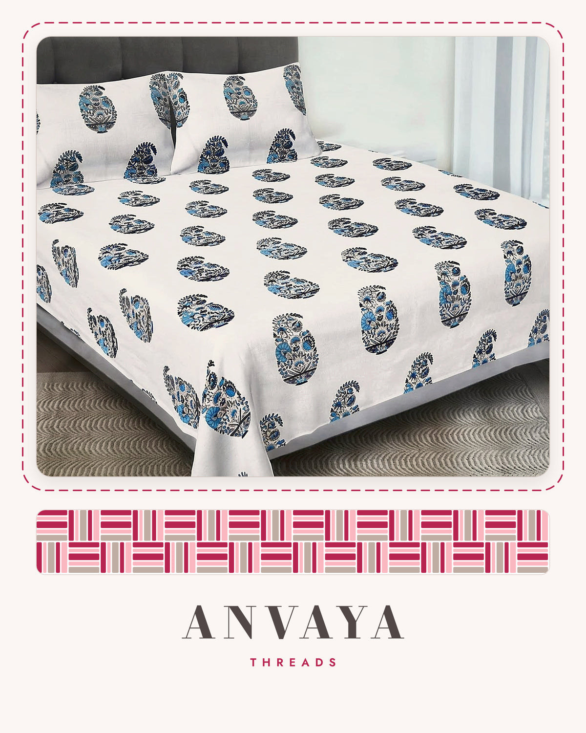 Keri Neel bedsheet set, a flat sheet and two pillow covers, on a bed