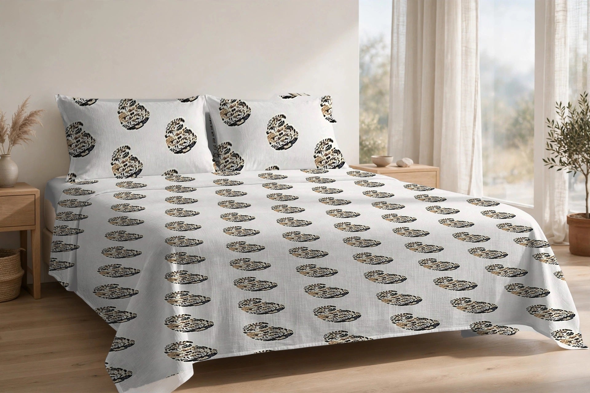 Keri Sona cotton bedsheet on a made king bed, with matching pillow covers