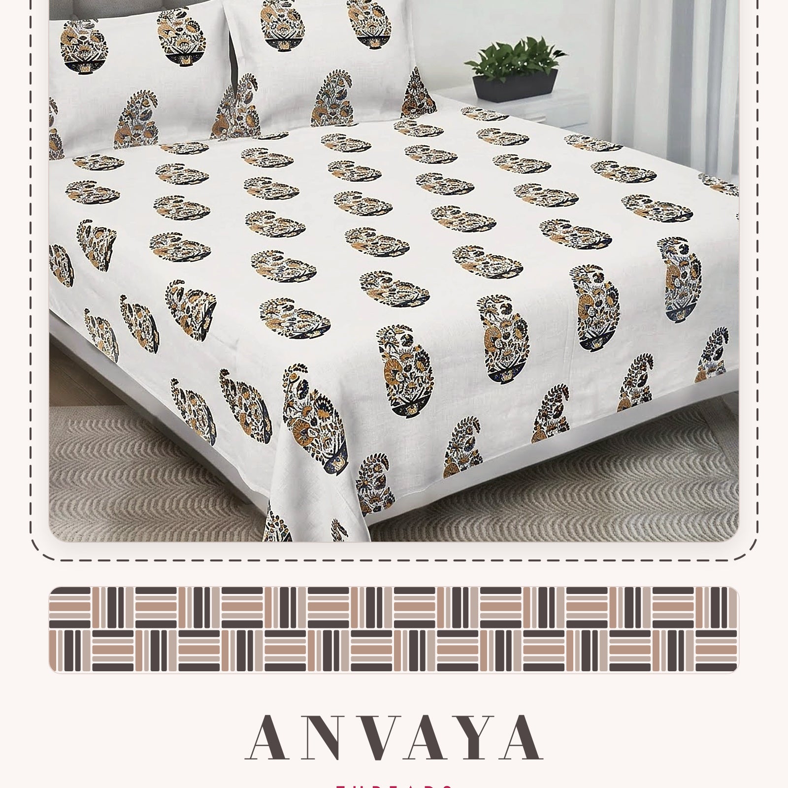 Keri Sona bedsheet set, a flat sheet and two pillow covers, on a bed