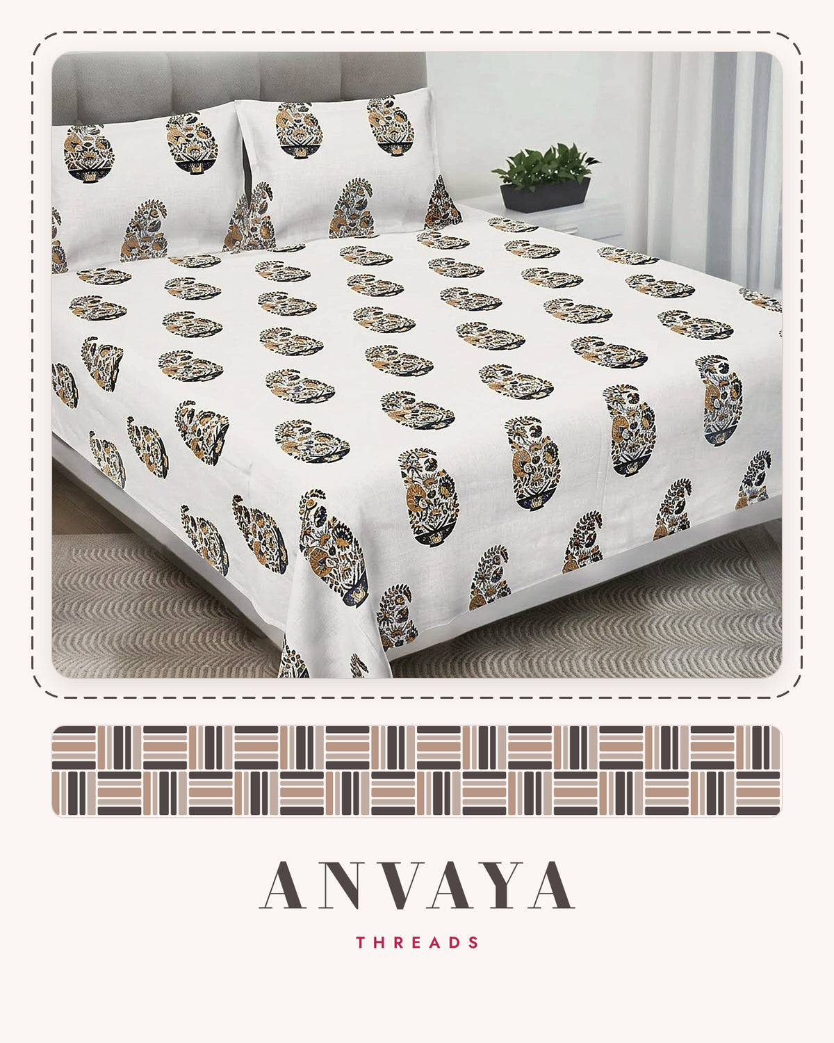 Keri Sona bedsheet set, a flat sheet and two pillow covers, on a bed