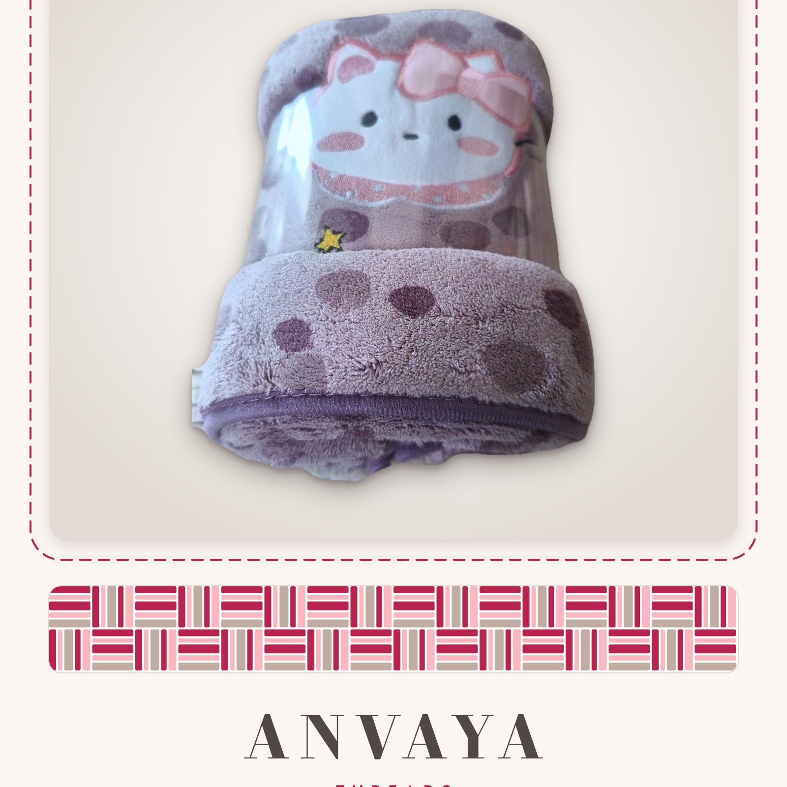 Lilac Polka Kitty kids' hand towel, rolled in a clear wrap with a kitty patch