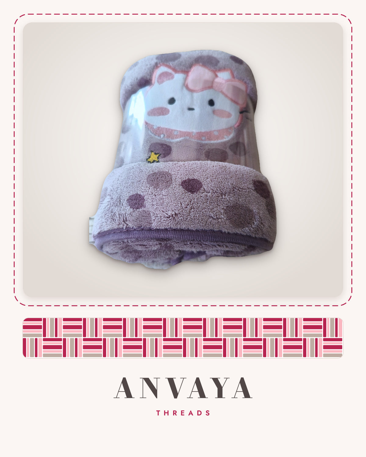 Lilac Polka Kitty kids' hand towel, rolled in a clear wrap with a kitty patch