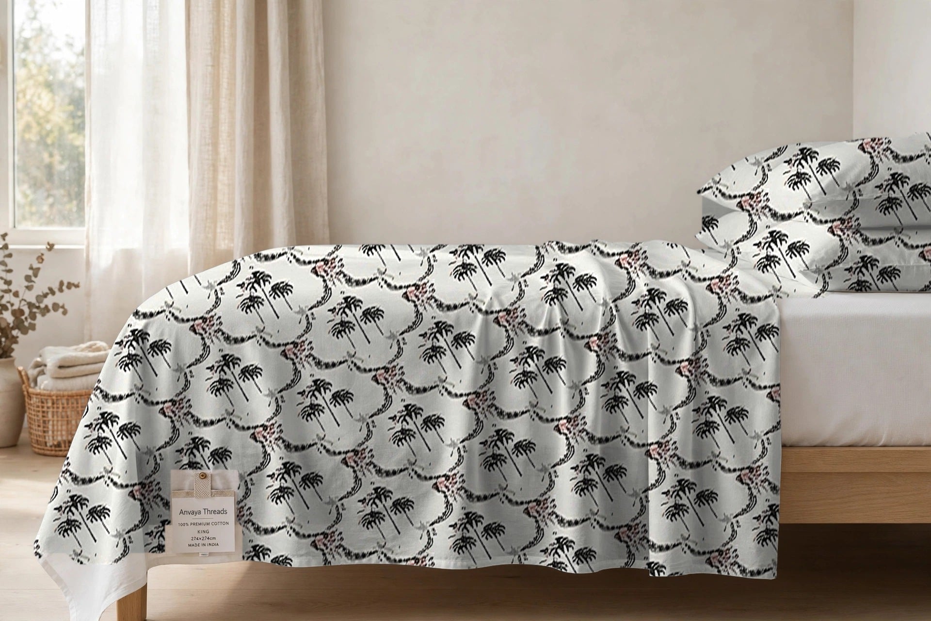 Khajoor Jaal Sindoor bedsheet seen from the side, falling over the edge of the bed