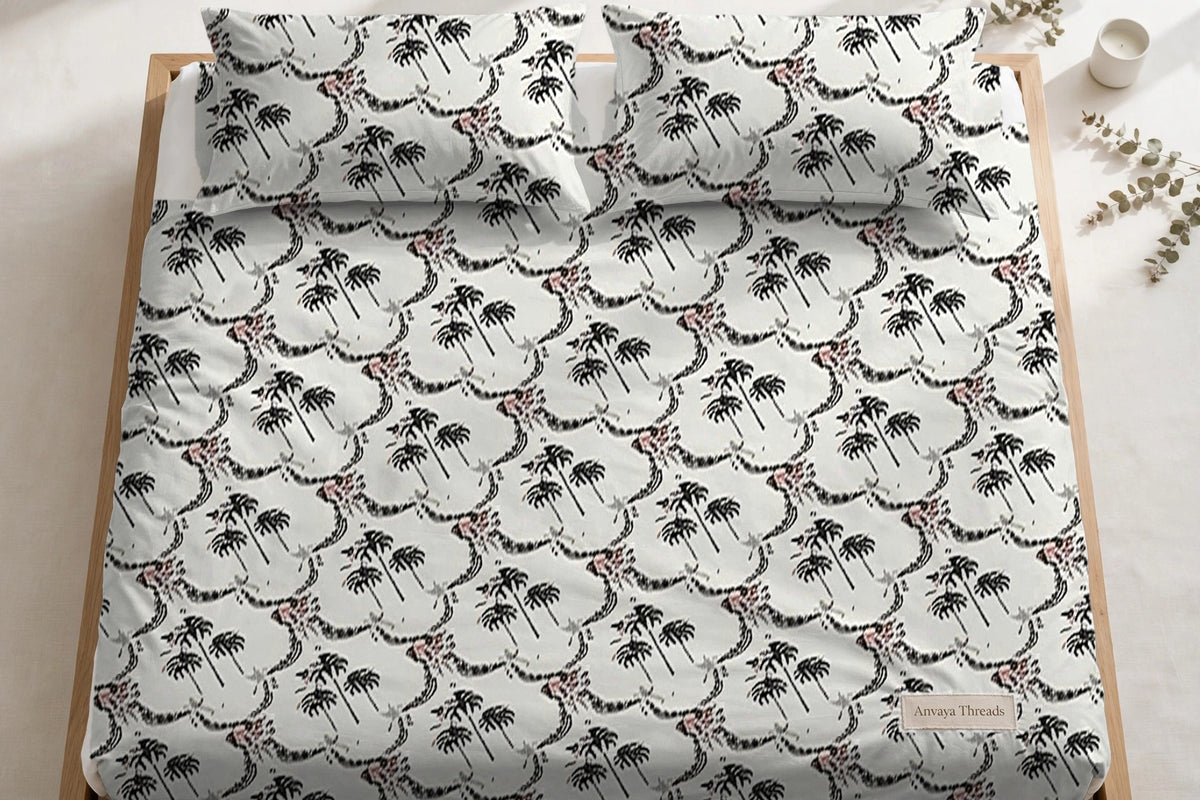 Khajoor Jaal Sindoor bedsheet seen from above, with the pillow covers at the head of the bed