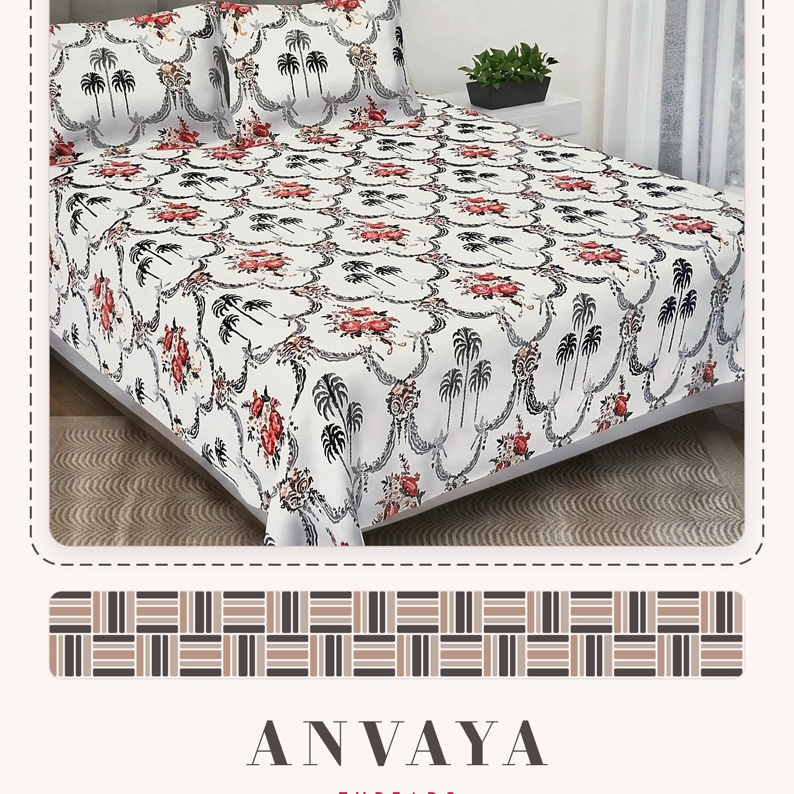 Khajoor Jaal Sindoor bedsheet set, a flat sheet and two pillow covers, on a bed