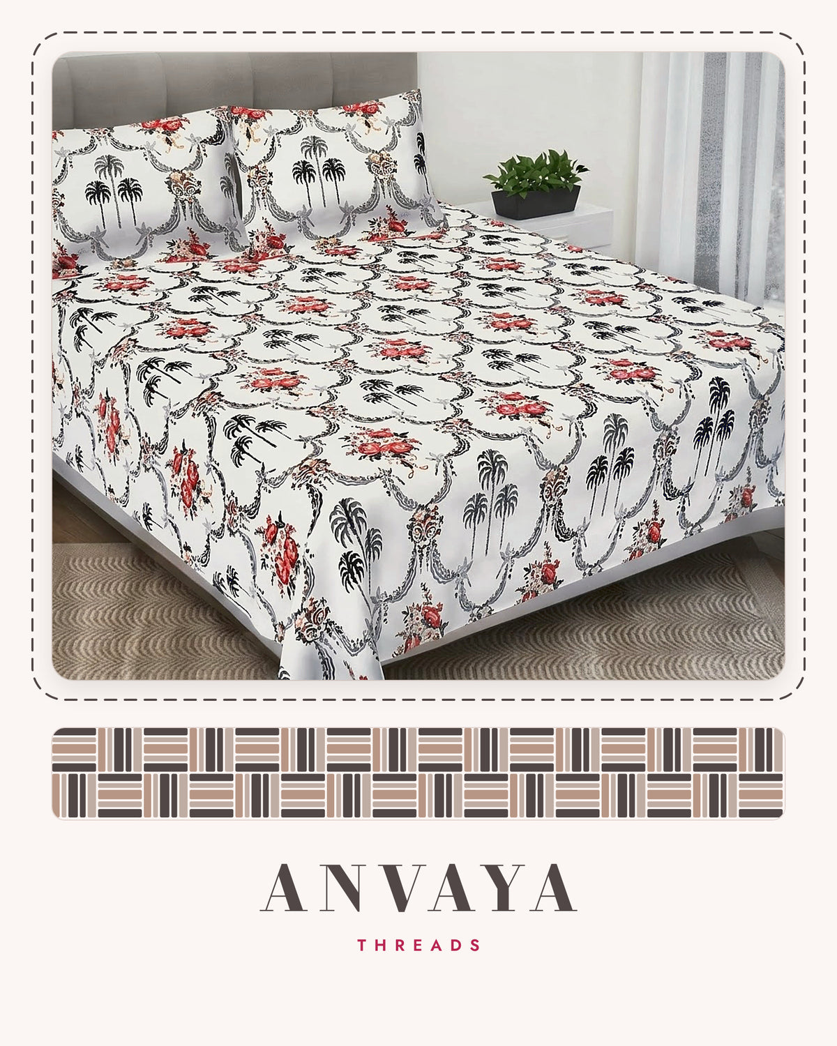 Khajoor Jaal Sindoor bedsheet set, a flat sheet and two pillow covers, on a bed