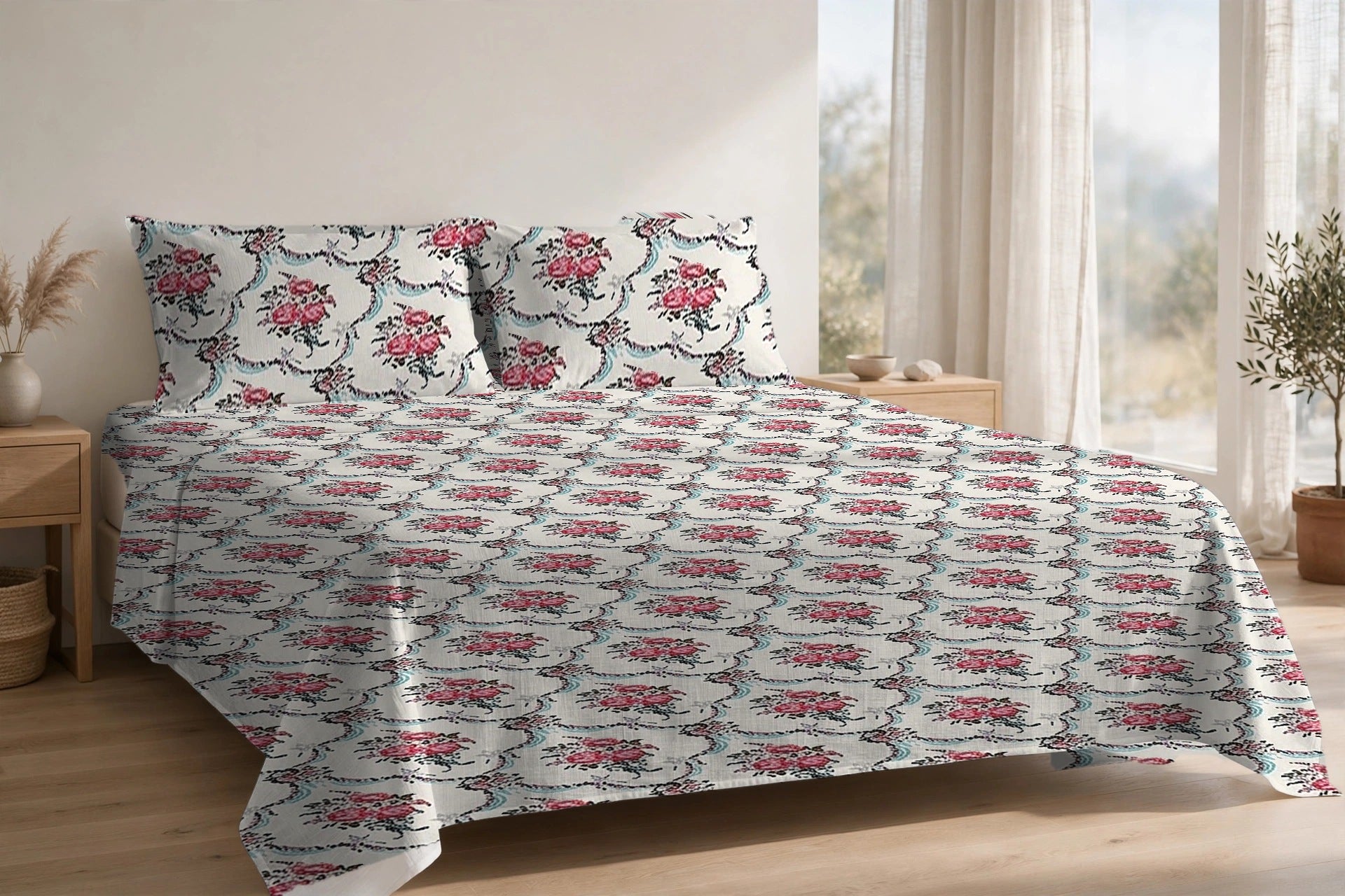Khajoor Jaal Gulab cotton bedsheet on a made king bed, with matching pillow covers
