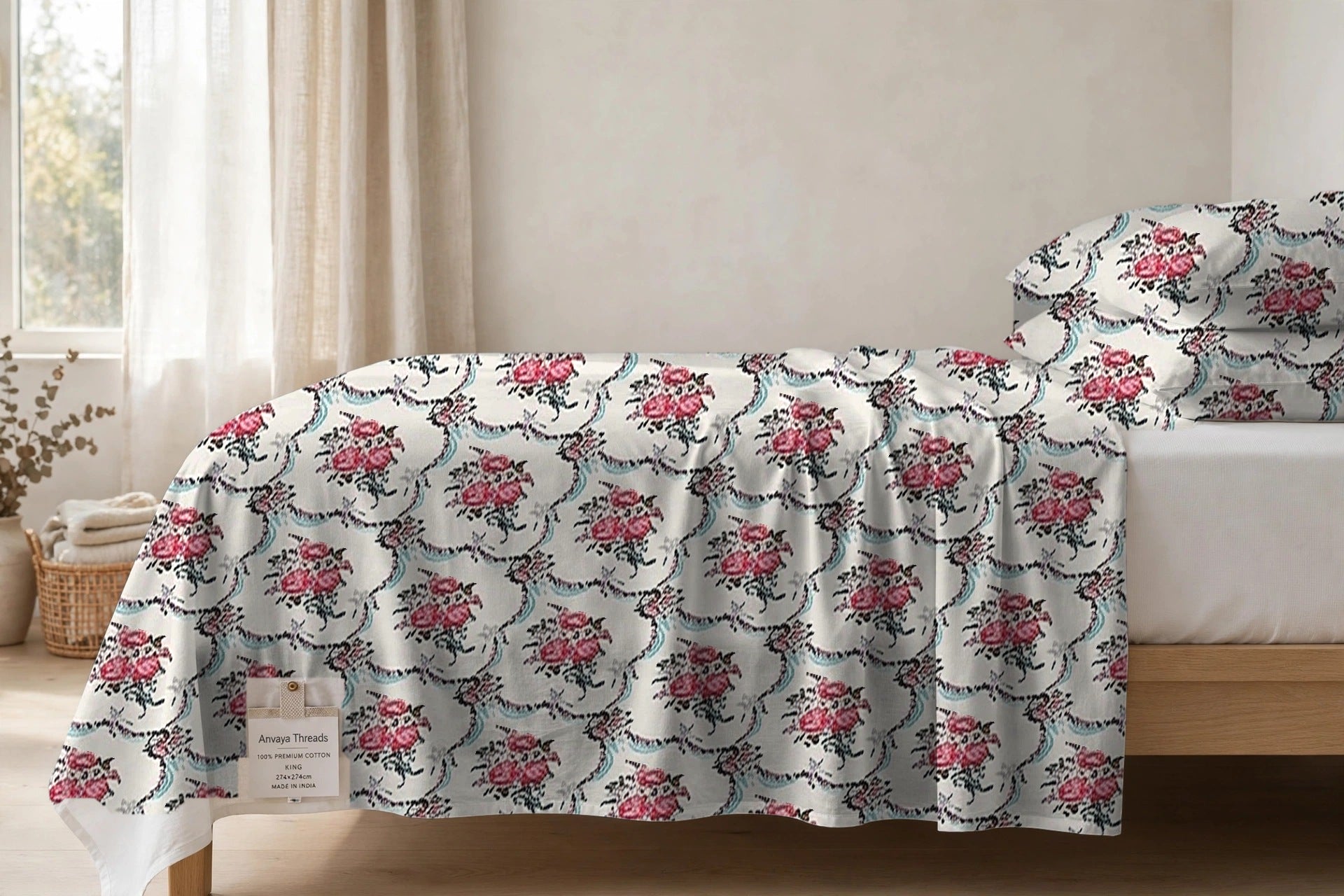 Khajoor Jaal Gulab bedsheet seen from the side, falling over the edge of the bed
