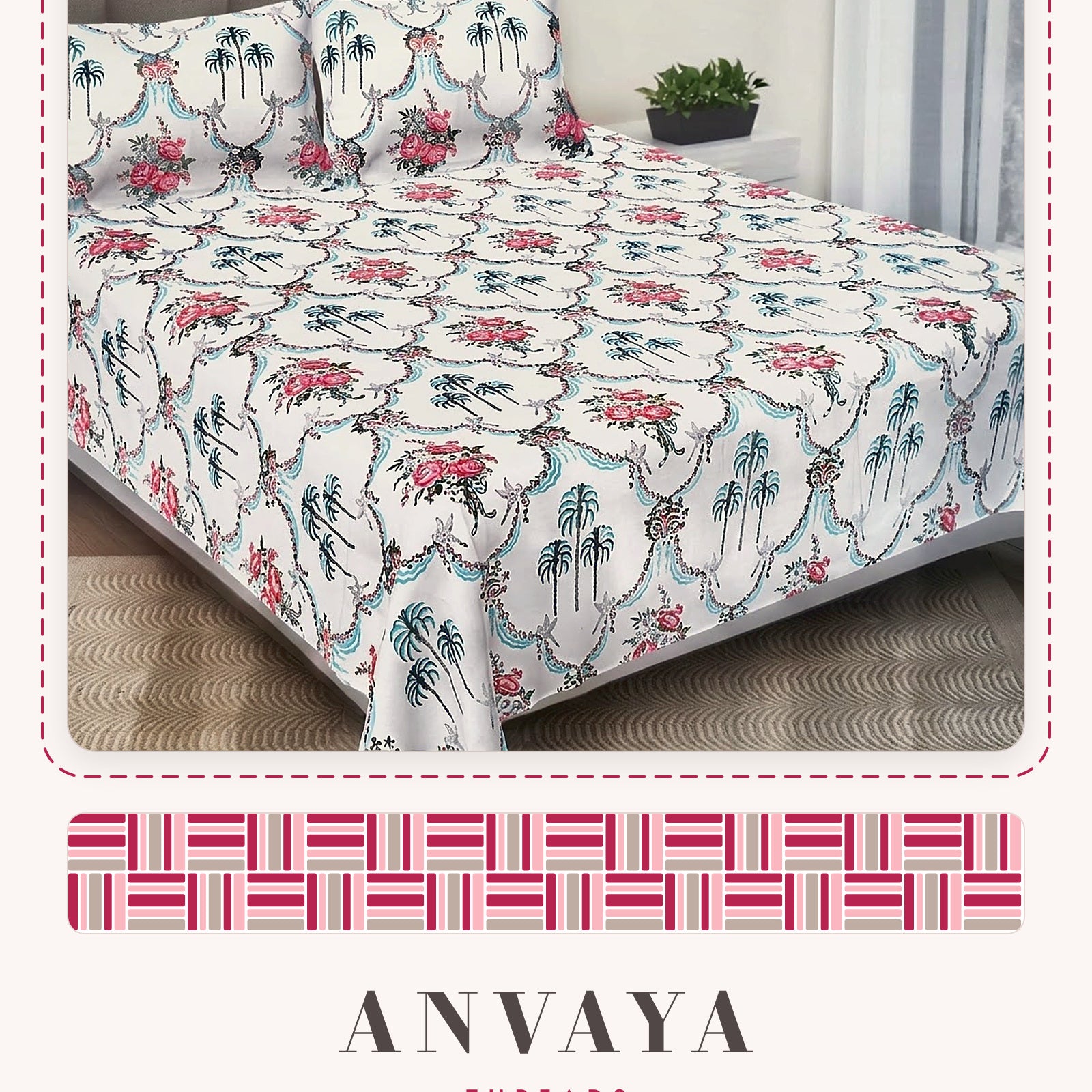 Khajoor Jaal Gulab bedsheet set, a flat sheet and two pillow covers, on a bed