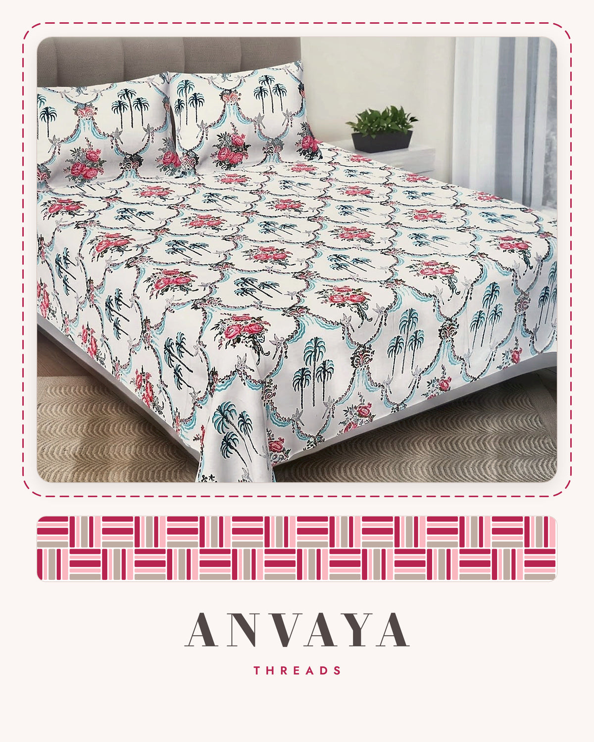 Khajoor Jaal Gulab bedsheet set, a flat sheet and two pillow covers, on a bed