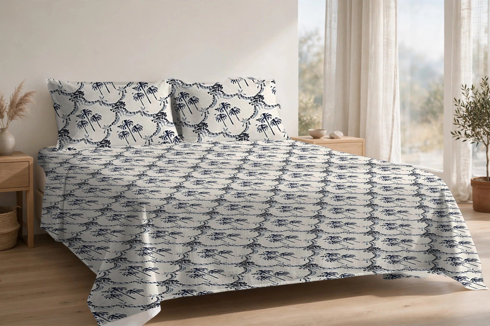 Khajoor Jaal Surmai cotton bedsheet on a made king bed, with matching pillow covers
