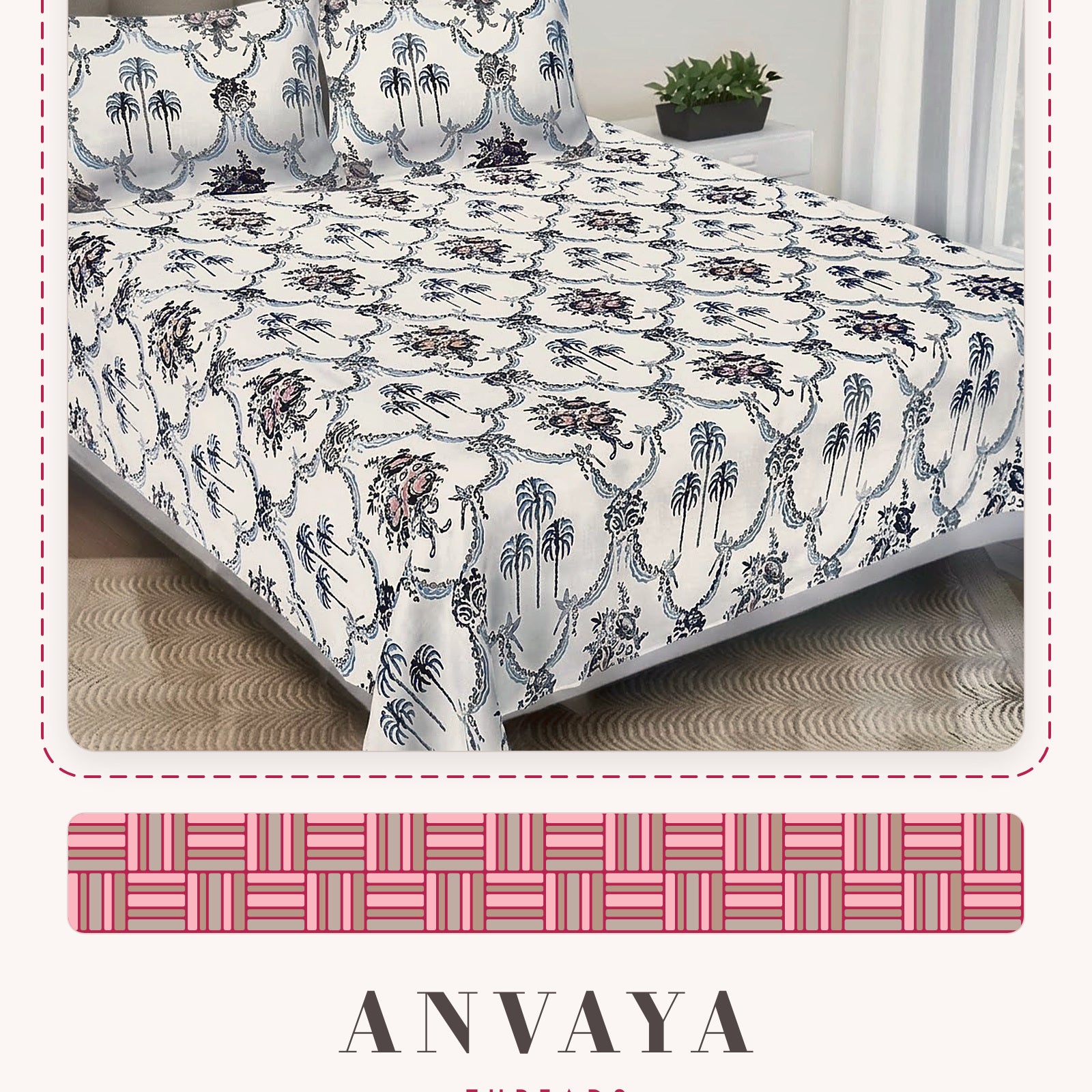 Khajoor Jaal Surmai bedsheet set, a flat sheet and two pillow covers, on a bed