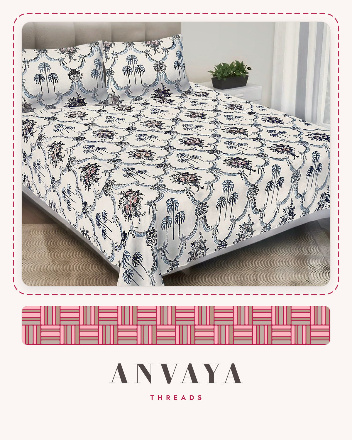 Khajoor Jaal Surmai bedsheet set, a flat sheet and two pillow covers, on a bed