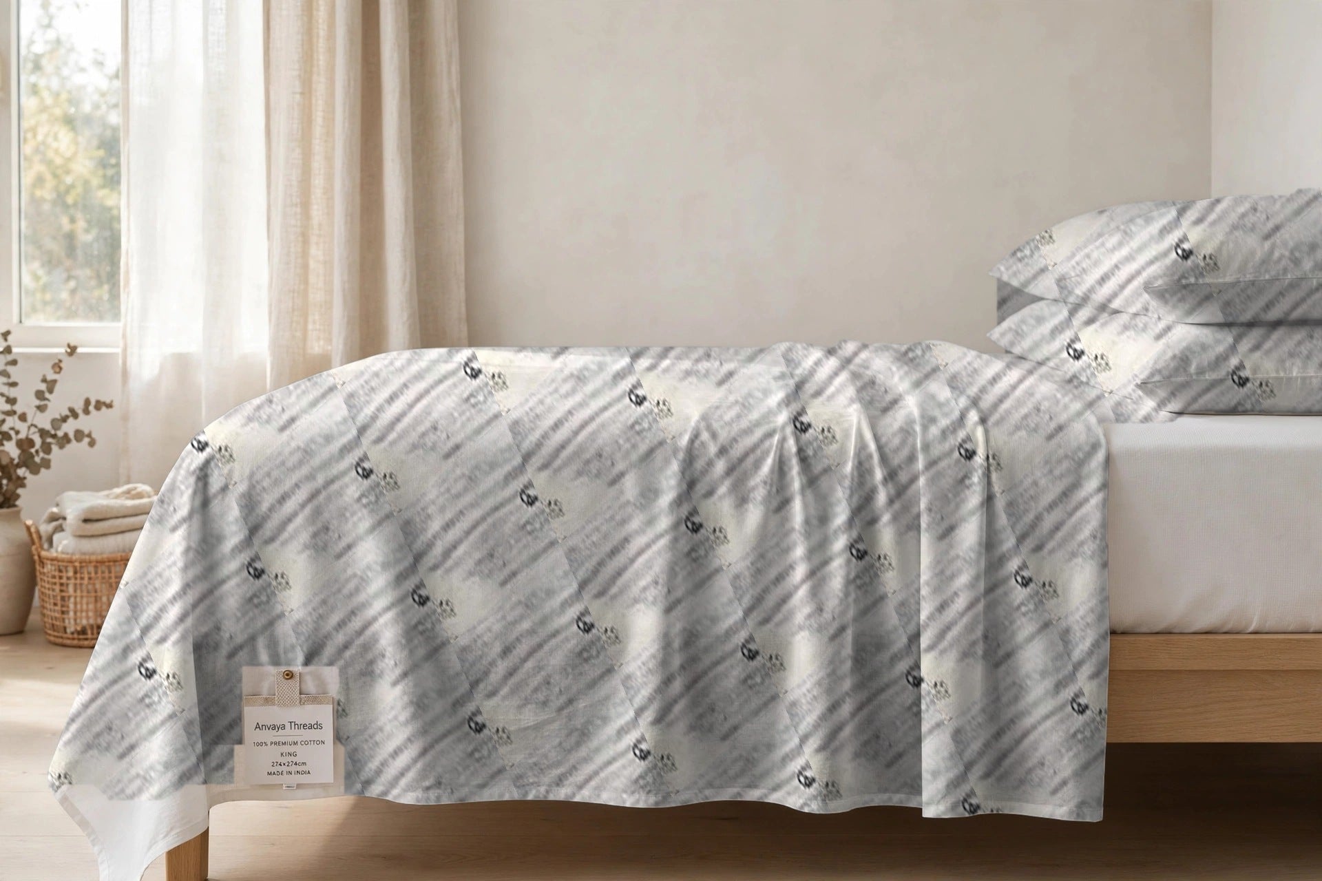 Dhaari Phool Kajal bedsheet seen from the side, falling over the edge of the bed