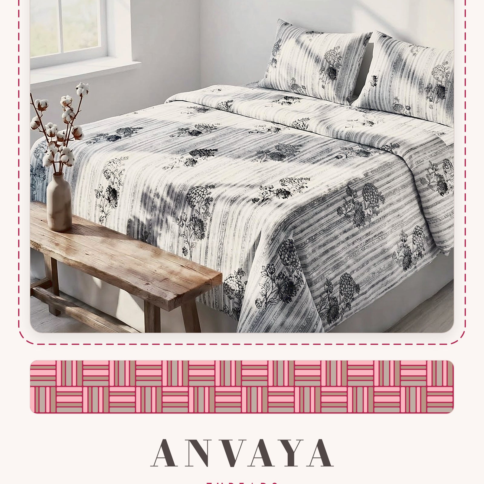 Dhaari Phool Kajal bedsheet set, a flat sheet and two pillow covers, on a bed