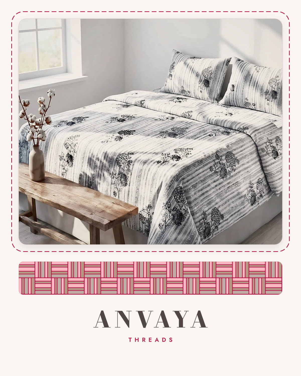 Dhaari Phool Kajal bedsheet set, a flat sheet and two pillow covers, on a bed