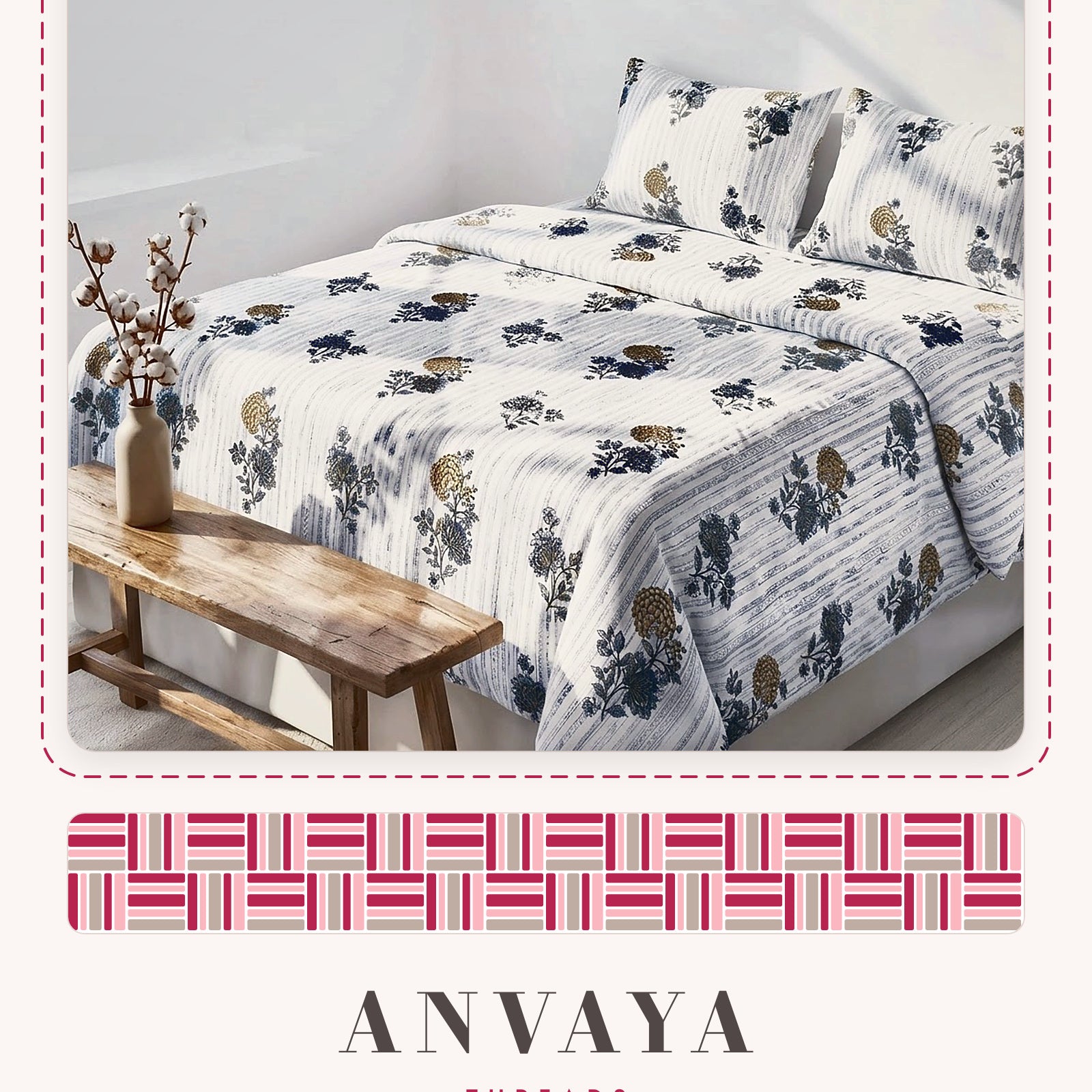 Dhaari Phool Neel bedsheet set, a flat sheet and two pillow covers, on a bed