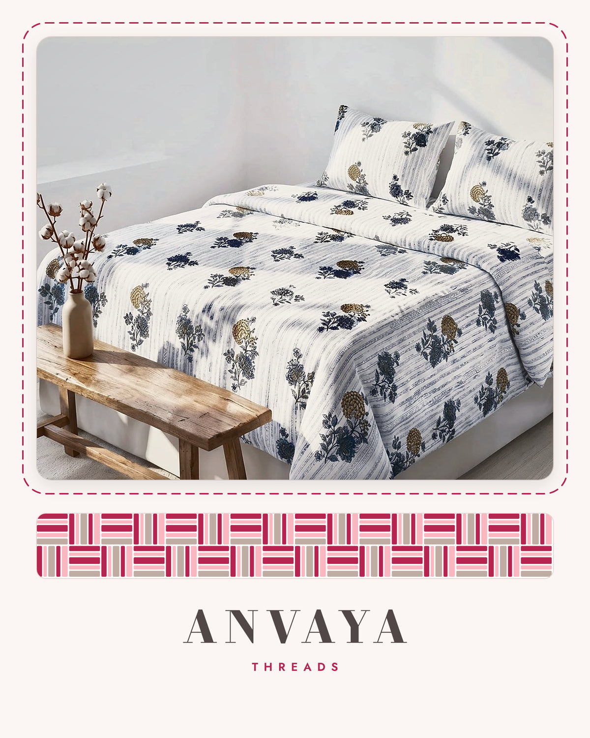 Dhaari Phool Neel bedsheet set, a flat sheet and two pillow covers, on a bed
