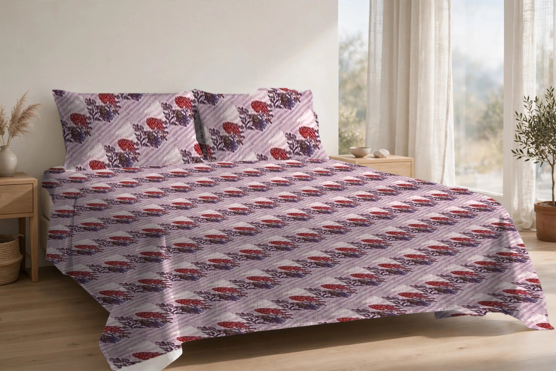 Dhaari Phool Gulab cotton bedsheet on a made king bed, with matching pillow covers