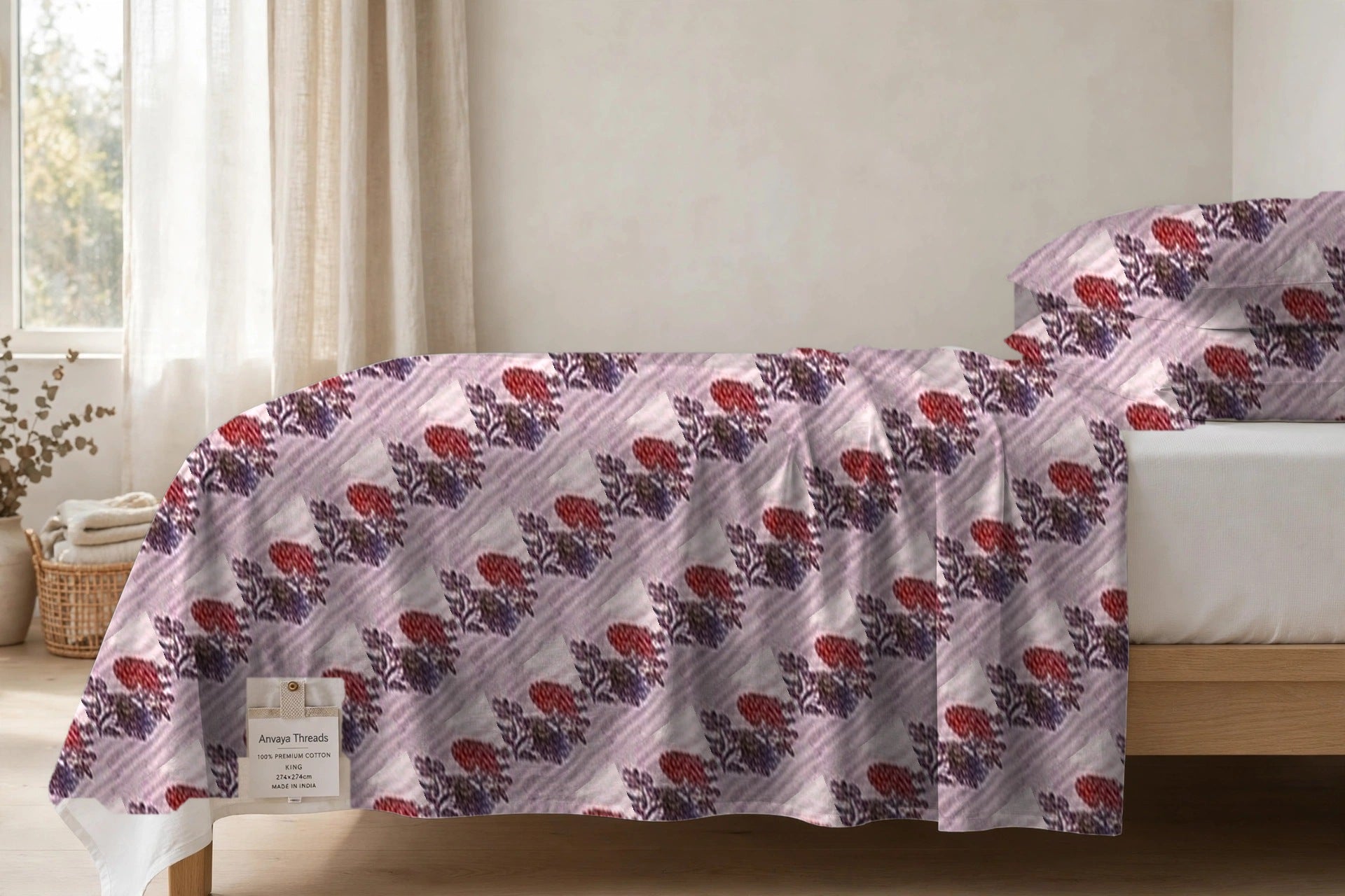 Dhaari Phool Gulab bedsheet seen from the side, falling over the edge of the bed