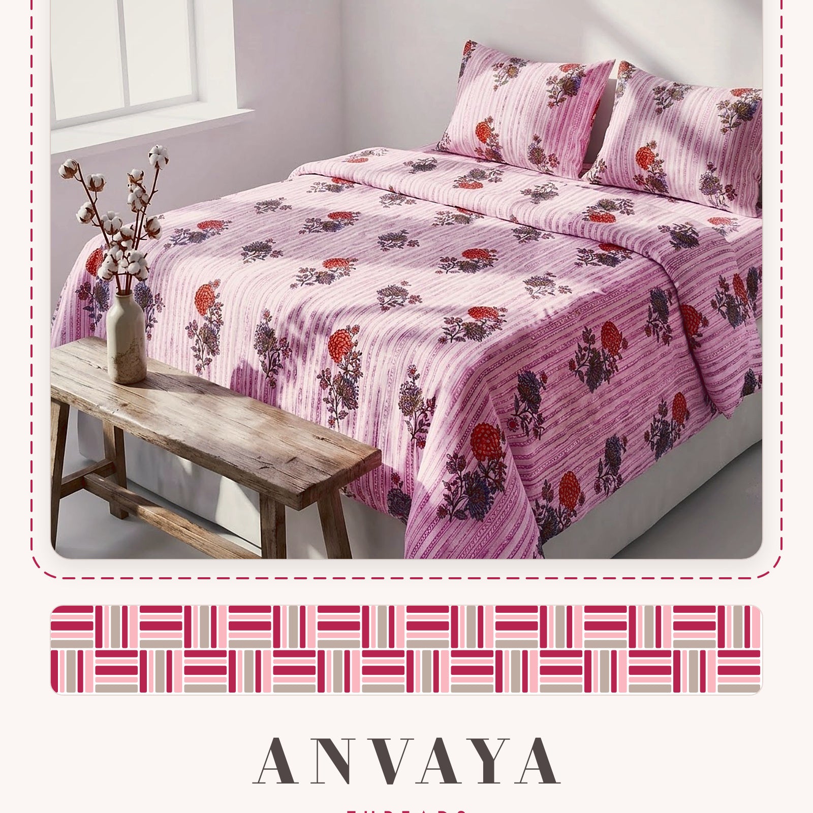 Dhaari Phool Gulab bedsheet set, a flat sheet and two pillow covers, on a bed