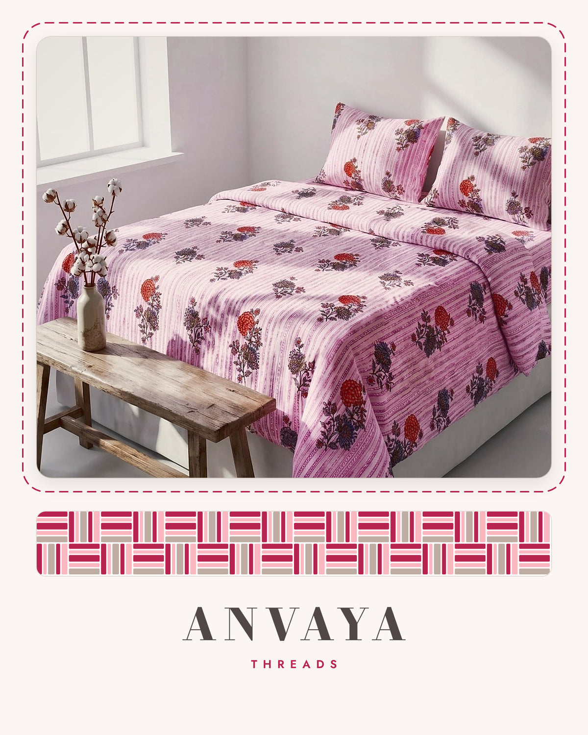 Dhaari Phool Gulab bedsheet set, a flat sheet and two pillow covers, on a bed