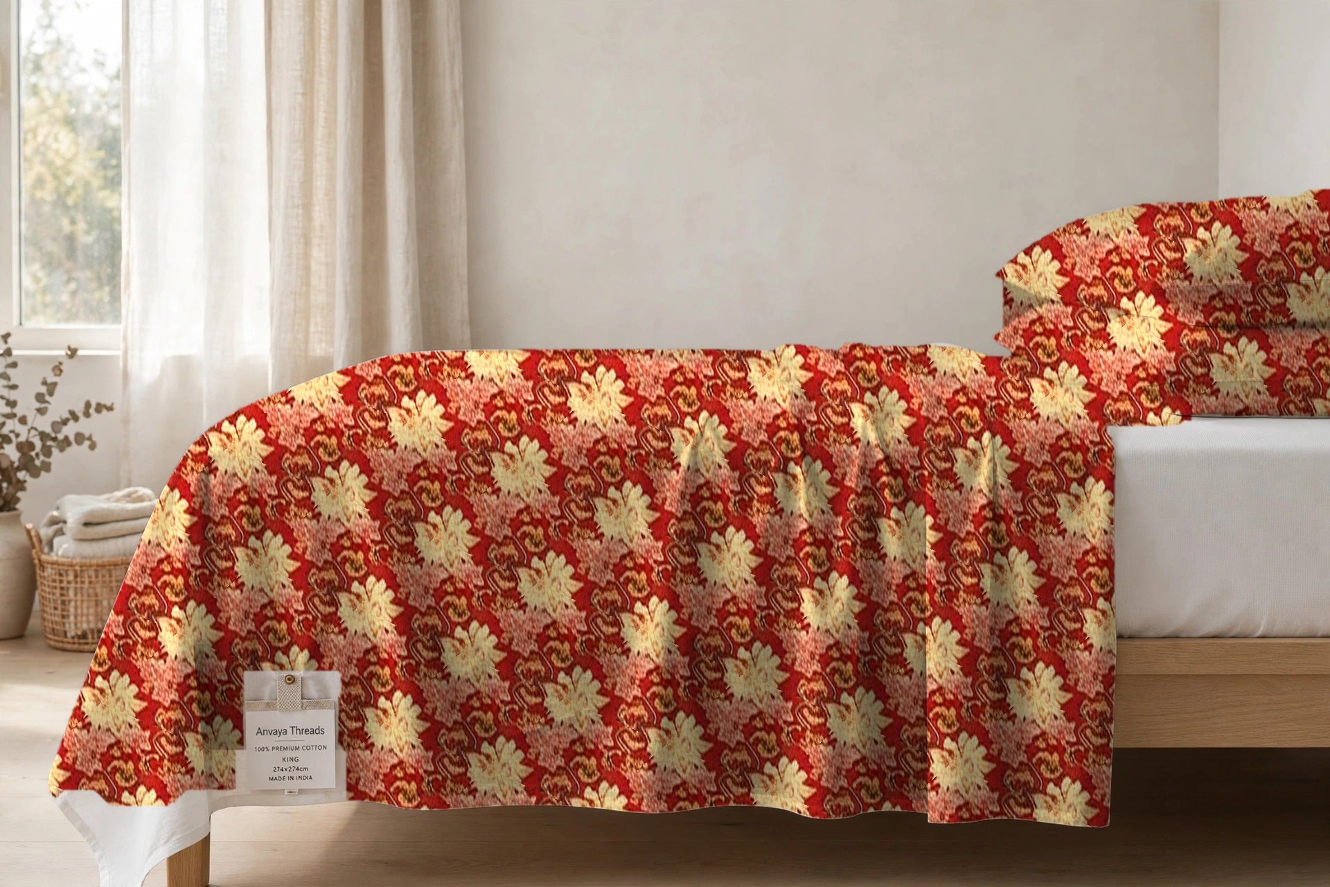 Gulmohar Kesar bedsheet seen from the side, falling over the edge of the bed