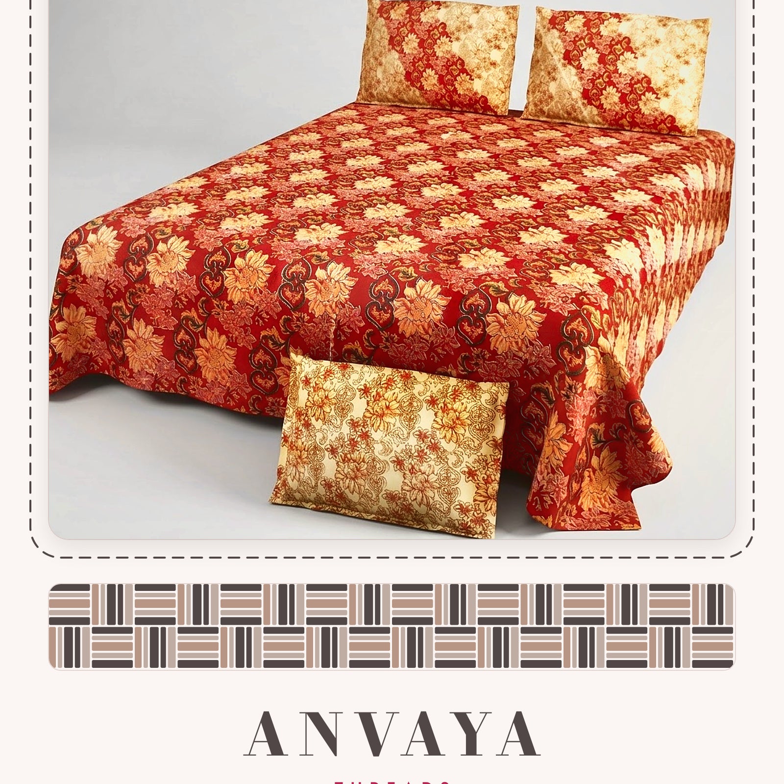 Gulmohar Kesar bedsheet set, a flat sheet and two pillow covers, on a bed