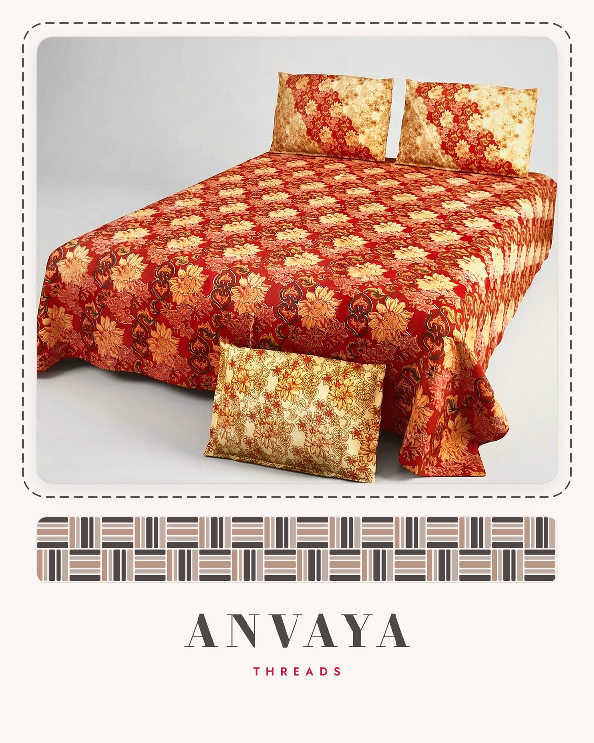 Gulmohar Kesar bedsheet set, a flat sheet and two pillow covers, on a bed
